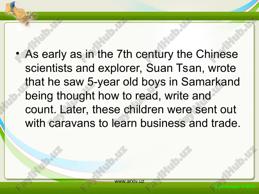 e being established. these schools specialize in foreign languages, economics and in ecological problems . ziyo kelajak © 2014 www.arxiv.uz www.arxiv.uz parallel to this, research work is being done on continuation of educational complex including kindergarten, high school, scientific research and retraining institutions. new methods and technologies are created rapidly based on the national and worldwide pedagogical needs. the basic principals of educational reforms in our republic are democratization and humanization. ziyo kelajak © 2014 www.arxiv.uz www.arxiv.uz ziyo kelajak © 2014 www.arxiv.uz www.arxiv.uz of course, all these processes are not easy and simple. the government has to solve many economical ,and social problems besides other conflicts. with the support of half million hardworking teachers who share the same idea we hope achieve our goal. we realize one of the main results to accomplishing educational reform is changing the thinking mentality of our people and society this is of great importance. …