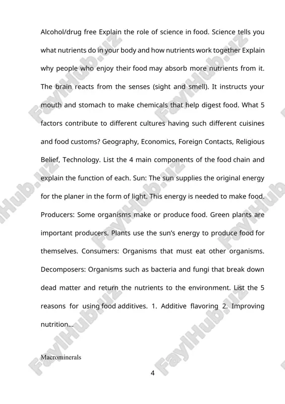 organisms make or produce food. green plants are important producers. plants use the sun’s energy to produce food for themselves. consumers: organisms that must eat other organisms. decomposers: organisms such as bacteria and fungi that break down dead matter and return the nutrients to the environment. list the 5 reasons for using food additives. 1. additive flavoring 2. improving nutrition... macrominerals 1.potassium (калий) 2. chlorine (хлор) 3. sodium (натрий) 4. calcium (кальций) 5. phosphorus (фосфор) 6. magnesium (магний) 7. sulfur (сера) 1. potato skin, tomatoes, bananas, papayas, dry beans, whole grains, avocados. 2. table salt (sodium chloride) is the main dietary source. 3. table salt (sodium chloride, the main source), sea vegetables, milk, and spinach. 4. dairy products, eggs, canned fish with bones (salmon, sardines), green leafy vegetables, nuts. 5. red meat, dairy foods, fish, poultry, bread, rice. 6. raw nuts, soybeans, cocoa mass, spinach, sea vegetables, tomatoes. 7. eggs, …