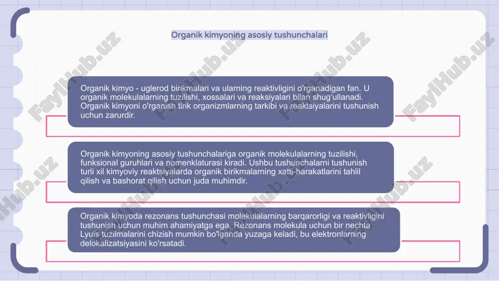 mkonini beradi. organik sintez: retrosintez organik sintez - bu oddiy boshlang'ich materiallardan organik birikmalar yaratish uchun ishlatiladigan jarayon. retrosintez organik sintezning asosiy tushunchasi bo'lib, bu erda kerakli maqsadli molekula oddiyroq boshlang'ich materiallarga bo'linadi. ushbu bosqichma-bosqich yondashuv kimyogarlarga kerakli molekulaga erishish uchun ko'p bosqichli sintez yo'llarini rejalashtirish va amalga oshirish imkonini beradi. organik kimyoning qo'llanilishi organik kimyo yangi dori vositalari va dori vositalarini yaratishda hal qiluvchi rol o'ynaydi. u o'ziga xos xususiyatlar va funktsiyalarga ega bo'lgan organik birikmalarni loyihalash va sintez qilish uchun ishlatiladi. organik kimyo polimerlar va plastmassalar ishlab chiqarishda ham qo'llaniladi. bu kerakli mexanik, termal va kimyoviy xususiyatlarga ega materiallarni yaratishga imkon beradi. bundan tashqari, organik kimyo pestitsidlar va o'g'itlar kabi agrokimyoviy moddalarni ishlab chiqishda qo'llaniladi. bu ekinlarni zararkunandalardan himoya qiladigan va ularning o'sishini kuchaytiradigan birikmalarni loyihalashda yordam beradi. e'tiboringiz uchun rahmat