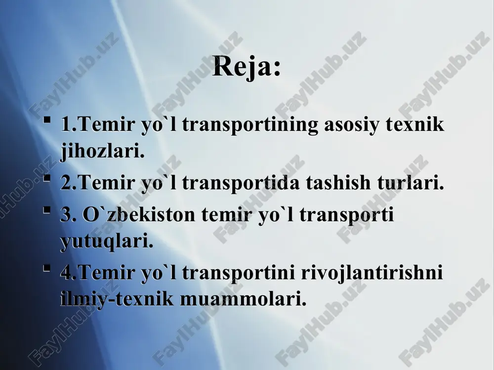 ini uzaytirish uchun birmuncha elastik bo’lishi kerak. relslar. temir yo’llar qurilishida standart relslardan foydalaniladi. relslarning xili ularning bir metrining massasiga qarab (kg/m) belgilanadi. poyezdlarning og’iriigi, tezligi va serqatnovligj qancha katta bo’lsa, temiryo'1 uchun massasi shuncha katta bo’lgan relslar qollanilishi ko’zda tutiladi. shaxtalarda p18, p24, p33, p38, p43, p50 tipidagi relslar, ochiq kon ishlarida esa p38, p43, p50, p65 tipidagi relslar ishlatiladi. relslar uzunligi esa ularni yotqizish joyigacha tashish usuliga qarab 8—25 metrgacha bo’ladi. yer osti yuk tashish lahimlarida bir mctrining og’irligi 10 kg/m dan kam bo’lmagan relslardan foydalaniladi. geologorazvedka ishlarida er osti temir yul xarakatida rudniklar elektrovozi va vagonchalar ishlatiladi. rudnik elektrovozlari man`ba turiga karab kontaktli va akkumulyatorli buladi. kontaktli elektrovozlar ishlatilganda kontakt simlarinitortish uchun kushimcha xarajatlar talab kiladi. kichik podstantsiyalar va ularga elektr tokini olib kelishga tugri keladi. akkumulyatorli elektrovozlar bunday ishlar talab kilinmaydi, elektr energiya elektrovozga joylashtirilgan akkumulyator batareyalari orkali beriladi. geologorazvedka ishlarida asosan akkumulyatorli elektrovozlar ishlatiladi. yer …
