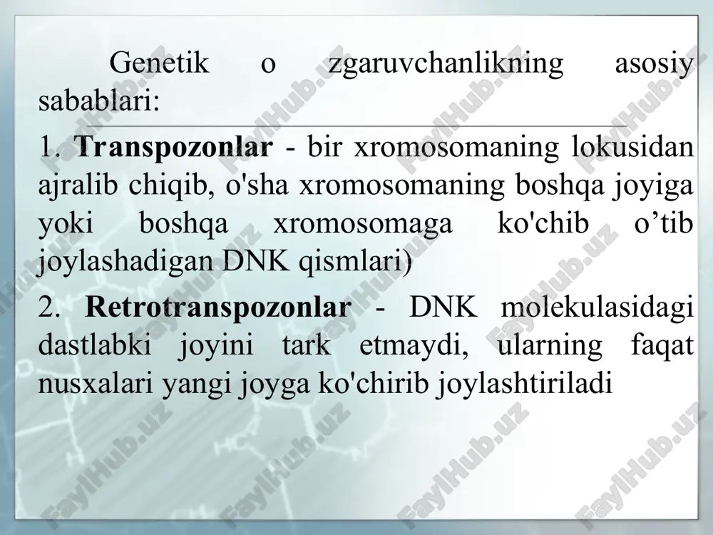 ofda joylashgan boshqa hujayralar tomonidan fagotsitozga uchraydi. apoptozning asosiy funksiyalari: hujayralarni zararlangan organellalardan himoya qilish; to'qimalami zararlangan hujayralardan himoya qilish; ontogenezda vaqtincha paydo bo'lgan to'qimalardan xalos bo'lish apoptoz bilan bog'liq fiziologik jarayonlar jarayon to'qima va hujayra turlari embriogenez, morfogenez turli turlar to'qimaviy gomeostaz qon yaratuvebi, limfoid, epitelial, gormonga bog'liq to'qimalar, fibroblastlar immun javobning to'xtashi t-limfo'sitlar, b-limfo'sitlar apoptozning kuchayishi bilan bog'liq patologik jarayonlar jarayon to'qima va hujayralar turlari vich-infeksiya t-limfotsitlar neyrodegenerativ kasalliklar (alsgeymer kasalligi, parkinson kasalligi va b.) neyronlar gematologik kasalliklar (anemiyalar, neytropeniyalar) qon yaratuvchi hujayralar ishemiya neyronlar, kardiomio'sitlar intoksikatsiya, gepatitlar gepatotsitlar ateroskleroz silliq mushak hujayralari katarakta gavhar hujayralari tireoidit tireotsitlar apoptozning susayishi bilan bog'liq patologik jarayonlar jarayon to'qima va hujayralar turlari neoplaziya limfomalar, karsinomalar, gormonga bog'liq o'smalar (sut bezi, prostata va tuxu- mdon raki) autoimmun kasalliklar t- va b-hujayralar, sinovial va epitelial hujayralar, fibroblastlar virusli infeksiyalar (adenoviruslar. epshteyn-barr (b-hujayralar), gefes) limfoid va epitelial hujayralar mutatsiya turi mutatsion o'zgarishlar xarakteri mutatsiya …