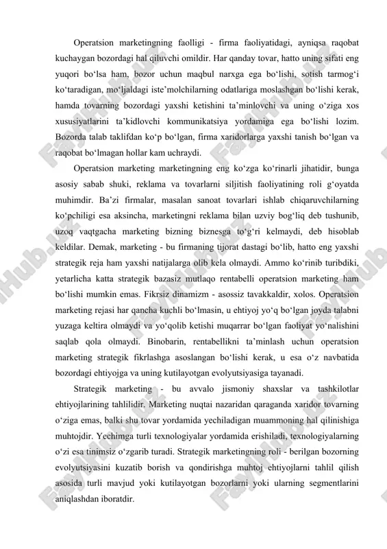 dan iboratdir. aniqlangan tovar bozorlari iqtisodiy imkoniyatlarni ifodalaydi, endi ularning jalb qiluvchanligini baholash kerak. tovar bozorining jalb qiluvchanligi miqdoriy jihatdan bozor salohiyati tushunchasi bilan o‘lchanadi, dinamik jihatdan esa o‘zining mavjud bo‘lish muddati bilan yoki hayot sikli bilan xarakterlanadi. muayyan firma uchun tovar bozorining jalb etuvchanligi uning raqobatbardoshligiga, boshqacha qilib aytganda, haridorlarning ehtiyojlarini raqiblariga qaraganda yaxshiroq qondira olish qobiliyatiga bog‘liq. firmaning raqobatbardoshligi uning raqobatli ustunlikka ega bo‘lishi yoki uning raqiblaridan ajralib turuvchi sifatlari tuvayli yohud harajatlar bo‘yicha afzallik beruvchi yuqori ishlab chiqarish samaradorligi tufayli mavjud bo‘ladi. shunday qilib, strategik marketingning roli firmani manfaatli iqtisodiy imkoniyatlarga yo‘naltirish, ya’ni uning “nou-xau” va resurslariga mos keladigan, uning o‘sish va rentabellik salohiyatini ta’minlovchi imkoniyatlarga yo‘naltirishdan iborat. strategik marketing jarayoni o‘rta va uzoq muddatli istiqbollarga egadir. uning vazifasi firmaning missiyasini aniqlash, maqsadlarni belgilash, o‘sish strategiyasini ishlab chiqish va tovar portfelining muvozanatlangan tuzilmasini ta’minlashdan iboratdir. tovarni siljitishga sarflangan marketing xarajatlarini ayirib tashlagandan keyin hosil bo‘ladi. ushbu daromad …