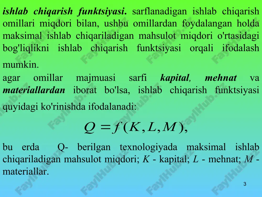 ining o'zgarishi - mehnat sarfining o'zgarishi * chekli texnologik almashtirish normasi k=2 l=1 l=1 l=1 l=1 k=1 k l 5 q2=85 5 4 4 3 3 2 2 1 1 * izokosta - bu ishlab chiqarish xarajatlarini ifodalovchi chiziq bo'lib, u umumiy qiymati bir xil bo'lgan ikkita ishlab chiqarish omillari sarflarining barcha kombinatsiyalarini ifodalovchi nuqtalarni o'z ichiga oladi, yaъni umumiy qiymati bir xil bo'lgan meщnat va kapital sarflari kombinatsiyalarni ifodalovchi nuqtalarni o'z ichiga oladi. agar firmaning ishlab chiqarish omillariga sarflanadigan byudjetni s deb belgilasak, ishchi kuchiga sarfini w*l va kapitalga sarfini r*k desak, izokostani ifodalovchi tenglamani quyidagicha yozish mumkin: * izokostaning grafikdagi ko'rinishi kapital k n1 b a m n2 s/r kb ka km 0 s/w la lb lm l - mehnat * endi firmaning umumiy xarajatlari cheklanganda maksimal mahsulot iщlab chiqarishga erishish masalasini grafik usulda echilishini ko'rib chiqamiz. l - mehnat e nuqta uchun quyidagi tenglik o'rinli bo'ladi: kapital …