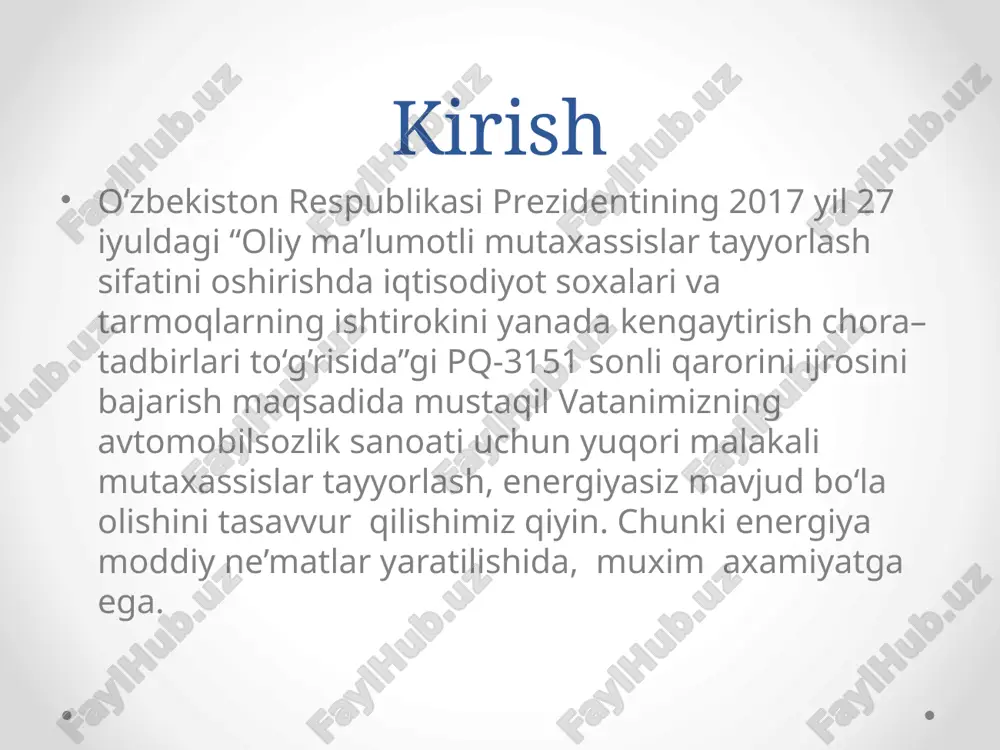 g tarkaldi. pressning gidravlik, mexanik va gidromexanik xillari bor. ular krivoshipli yoki ekssentrikli, vintli, tirsakli, reykali va richagli; vertikal va gorizontal xillarga boʻlinadi.korxonadagi 250 tonnali press apparatining modeli kb 9534 ekan kb9534 modeli metall lavha bilan ishlashda qo'llaniladigan bitta harakatli yopiq bir krankli presslarga tegishli. uning asosiy maqsadi krank presslari va shunga o'xshash presslar va bolg'a kabi boshqa uskunalarda ishlab chiqarilgan sovuq va issiq zarblarni tozalashdir. kb9534 modelining parametrlari va o'lchamlari asosiy me'yoriy hujjat - gost 10026-87 ga mos keladi. nominal quvvat, kn: 2500 slayderning zarbasi, mm: 200 slayderning urish chastotasi, 1/min: 32 shtamplash bolg'alarida, issiq zarb presslarida olingan zarb burmalarini issiq kesish uchun mo'ljallangan.asosiy harakat motorining quvvati 26,5 kvt bo`ladi. xulosa: malakaviy amaliyot davomida biz ishlab chiqarishdagi tartib qoida texnika xavfsizligi, ishdagi xushyorlik va eng asosiysi jamoa bo`lib ishlash kabi tushunchalarga ega bo`ldik. amaliyot davomida bajarilgan ishlarimizni kelajakdagi faoliyatimizda qo`llaymiz. etiboringgiz uchun raxmat! image2.png image3.png image4.png image5.png image6.png image7.png …