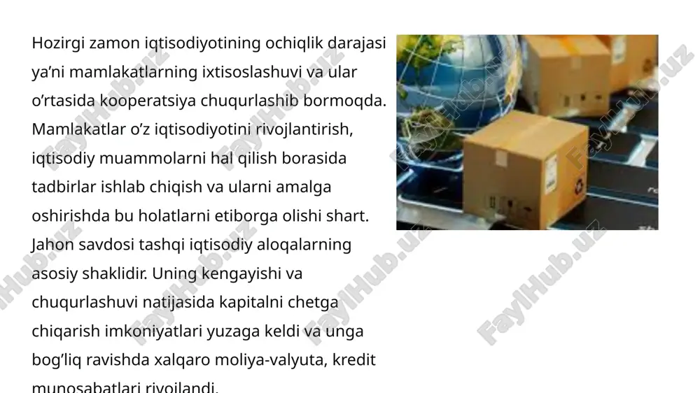 lushining ortishi; tashqi savdo aylanmasining jon boshiga baholangan qiymatining notekis taq- simlanishi; yangi tarmoq va ishlab chiqarishning vujudga kelishi; qator mamlakatlarning ayrim mahsulotlar importiga bog`liqligining ortishi; tashqi bozorda ortiqcha mahsulotni sotishdan turli mamlakat korxonalari o`rta- sidagi hamkorlik aloqalari asosida avvaldan kelishilgan holda mahsulotni yet- kazib berish shakliga o`tilishi. xalqaro savdoning tovar tarkibi — xalqaro savdoning tarkibini aniqlovchi tovar mutanosibliklari majmuyi va aloqalaridan iborat bo`lib, maqsadi inson ehtiyoj- lariga moslashtirish nuqtayi nazaridan xalqaro savdo sohasida tovarlarni tabaqa- lashtirish hisoblanadi. xalqaro savdoning hududiy tarkibi — bu xalqaro savdoning hududiy tarkibini aniqlovchi mutanosibliklar va aloqalar majmuyi bo`lib, ushbu tarkib xalqaro savdo¬ning quyidagi xususiyatlari va rivojianish yo`nalishlarini ajratish imkonini beradi: • alohida mamlakatlarning savdo oqimlarini ajratish; • bir guruh mamlakatlar o`rtasidagi savdo oqimlarini ajratish; • mintaqalar o`rtasidagi savdo oqimlarini ajratish hozirgi zamon iqtisodiyotining ochiqlik darajasi ya’ni mamlakatlarning ixtisoslashuvi va ular o’rtasida kooperatsiya chuqurlashib bormoqda. mamlakatlar o’z iqtisodiyotini rivojlantirish, iqtisodiy muammolarni hal qilish borasida tadbirlar …