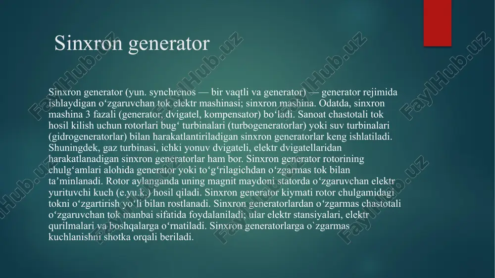 ab megavolt-amper quvvatga mo‘ljallab tayyorlanadi. bular ayon qutbli nisbatan sekin yurar (n = 60...150 ayl/min) hisoblanadi. elektr stansiyalarida ishlatiladigan sinxron generatorlarning boshqa tiplari ichida ichki yonuv dizel dvigatellari bilan biriktiriladigan dizel-generatorlarni aytib o‘tish lozim. bular ayon qutbli vali gorizontal joylashgan mashinalardir. porshenli mashina singari dizel ham notekis burovchi momentga ega bo‘lganligi uchun dizelgenerator maxovik bilan ta’minlanadi yoki uning rotori aylanma momenti kata qilib tayyorlanadi qo’zg’atish tokining o‘zgarishida dvigatel rejimida ishlaydigan valda yuklamasi bo‘lmagan sinxron mashina sinxron kompensator deb ataladi. sinxron kompensator qo’zg’atish tokining kattaligiga qarab tarmoqqa reaktiv quvvat berishi yoki tarmoqdan uni qabul qilishi mumkin. tuzilishi bo‘yicha u turbogeneratorga o‘xshaydi, biroq sinxron kompensator o‘rtacha chastotada (750-1000 ayl/min) da aylanadigan qilib tayyorlanadi. sinxron kompensator rotori aniq qutbli qilib tayyorlanadi. stator tuzilishiga ko‘ra turbogenerator statoriga o‘xshash. sinxron kompensator statorning nominal toki, kuchlanishi va quvvati bilan, rotorning chastotasi va nominal toki bilan hamda nominal rejimdagi yo‘qotishlar bilan xarakterlanadi. sinxron kompensatorning nominal kuchlanishi unga …