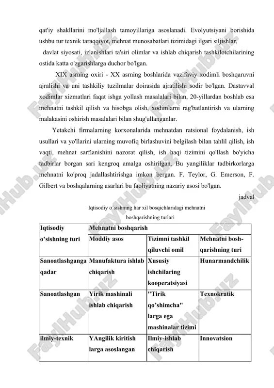 sullarni ishlab chiqqanki, ularga ko'ra ishning har bir turi, har bir operatsiya uchun xronometraj va ishchining harakatlarini sinchiklab o'rganish yordamida berilgan ishni bajarishning yagona, eng ratsional usuli belgilangan. barcha xatolar, befoyda harakatlar bartaraf qilingan, eng mukammallari tanlab olingan. mashhur fransuz fizigi le shatelening so'zlariga ko'ra, bu sanoatda mehnatni tashkil qilishga nisbatan qo'llanilgan matematikadan iborat bo'lgan. yuqori unumdor mehnatga nisbatan iqtisodiy majbur qilishdan foyd alanilgan: · ishbay ish haqining alohida tizimi (me'yorni bajargan va oshirib bajarganlar uchun oshirilgan tarif stavkalari va baholashlar; bajar-maganlar uchun - stavkalarni 20-30% ga pasaytirilishi, jarimalar); · vazifalarni bajarilishi va oshirib bajarilishiga ko'proq darajada yordam beruvchi sharoitlarni yaratish: batavsil yo'l-yo'riq ko'rsatish, mehnatni mayda-chuyda tafsilotlarigacha rejalashtirish, maxsus qurollar bilan ta'minlash, hisob, nazorat. f.teylor tizimidan foydalangan korxonalarda o'rtacha mehnat unumdorligi uch yil ichida ikki marta o'sgan. birinchi o'ttiz yil ichida bu tizim yetarlicha keng tarqalgan, deyarli barcha yuqori rivojlangan mamlakatlarning kompaniyalari undan foydalanganlar. f.teylor o'zining tizimini ishlab chiqarishning muvaffaqiyati …