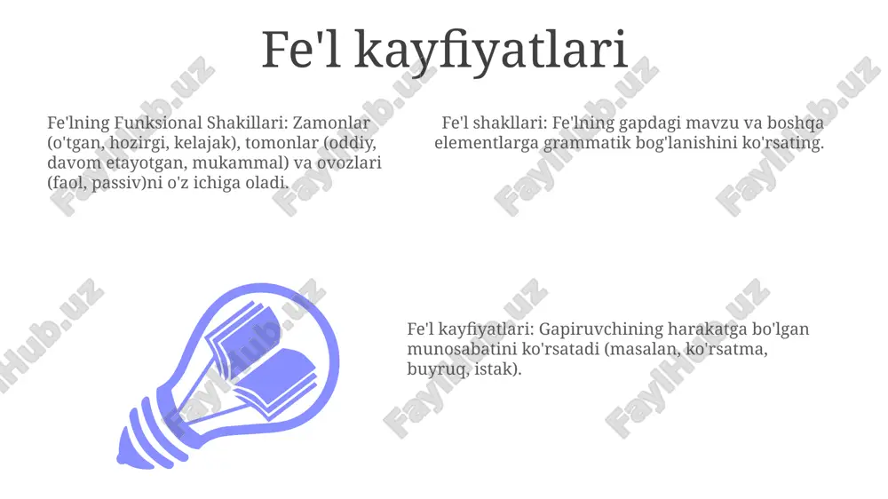shtirokchi, o'tgan zamon ishtirokchi. yordamchi fe'llar 01 02 03 here's a translation of those english verbs into uzbek, using the latin alphabet: * **be:** bo'lish * **have:** bor * **do:** qilish * **will:** qiladi (future tense) * **can:** qila oladi (ability) * **should:** qilishi kerak (obligation) yordamchi fe'llar fe'l zamonlarini, kayfiyatlarini va ovozlarini shakllantirishga yordam beradi. ular asosiy fe'llar bilan birlashib, murakkab fe'l iboralarini yaratadi. sales 1st qtr 2nd qtr 100 0 sales 1st qtr 2nd qtr 100 0 sales 1st qtr 2nd qtr 100 0 modal fe'llar modal fe'llar imkoniyat, zaruriyat, ruxsat yoki qobiliyatni ifodalaydi. funksional shakllarga infinitiv, partisipiya va gerundiylar kiradi. fe'l shakllari zamon, shaxs va songa qarab o'zgaradi. umumiy fe'l xatolari yag'ona mavzu yag'ona fe'llarni talab qiladi, ko'plik mavzu ko'plik fe'llarni talab qiladi. fe'l shakllari: kontekstga mos ravishda fe'lning o'tgan, hozirgi yoki kelasi zamon shakllarini ishlating. fe'l shakllari: kontekstga mos ravishda fe'lning o'tgan, hozirgi yoki kelasi zamon …