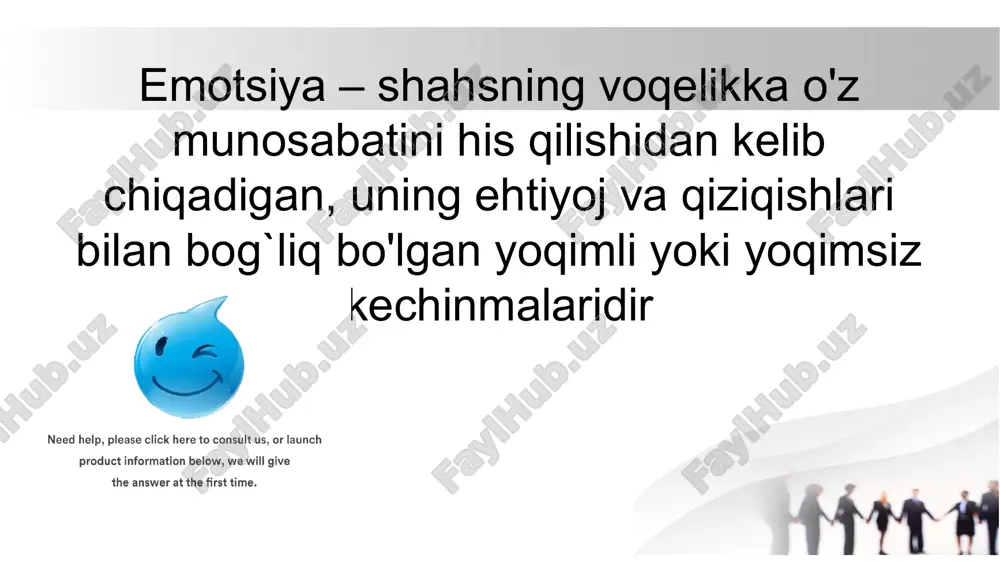 butun badanning ma'nodor harakatlarida ko'rinadi. uchinchidan, gumoral harakatlardagi, ya'ni organizmning qon tarkibidagi va boshqa suyuqliklardagi kimyoviy o'zgarishlarni va shuning bilan birga modda almashishida bo'ladigan yanada chuqur o'zgarishlarni o'z tarkibiga oladi. psixik holat turlari.stress tuhsunchasi va psixik zo’riqish va uni boshqarish. stress – inson organizmini haddan tashqari zo'riqish natijasida paydo bo'ladigan tanglik jarayonidir. stress ko'rinishi ikki turga ajratiladi: konstruktiv – biz turidagi (ko'pchilik orasida); destruktiv – men turidagi (yakka shahs o'zi bilan) kechadigan jarayon stressni fiziologik va psihologik turlari mavjud: fiziologik stress – bu o'ta jismoniy zo'riqish, biror og`riq, qo'rquv, kasalliklar natijasida vujudga keladi. fiziologik stress organizm o'ta zo'riqishi, temperaturaning baland yoki past bo'lishi, nafas olishning qiyinlashishi bilan bog`liq bo'ladi. stress ko’rinishiga qarab ikkiga turga ajraladi : destruktiv – men turdagi(yakka shaxs o’zi bilaan kechadigan jarayon). 1 konstruktiv-biz turdagi (ko’pchilik orasida); frustratsiya va bezovtalik emotsional holat sifatida. e’tiboringiz uchun rahmat image2.png image3.png image4.png image5.jpeg image6.jpeg image7.jpeg image8.jpeg image9.jpeg image10.jpeg image11.jpeg image12.jpeg …