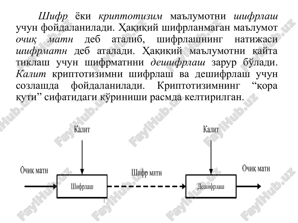 монламалик). кириш қийматини ўзгариши чиқишдаги қийматни ҳам ўзгаришига олиб келади. хеш функцияга мисол мисол m = “elvis” h(m) = (“e” + “l” + “v” + “i” + “s”) mod 26 h(m) = (5 + 12 + 22 + 9 + 19) mod 26 h(m) = 67 mod 26 h(m) = 15 h m h(m) = h хулоса ўрнида шуни айтиш мумкинки, симметрик калитли ва очиқ калитли криптотизимлар маълумотларни махфийлигини таъминлашда фойдаланилса, хэш функциялар эса маълумотни бутунлигини текширишда фойдаланилади. хеш функция схемаси электрон рақамли имзонинг ишлаш схемаси эътиборингиз учун рахмат image1.png image2.jpeg image3.png image4.jpeg image5.png image6.png image7.png image8.png image9.png image10.png