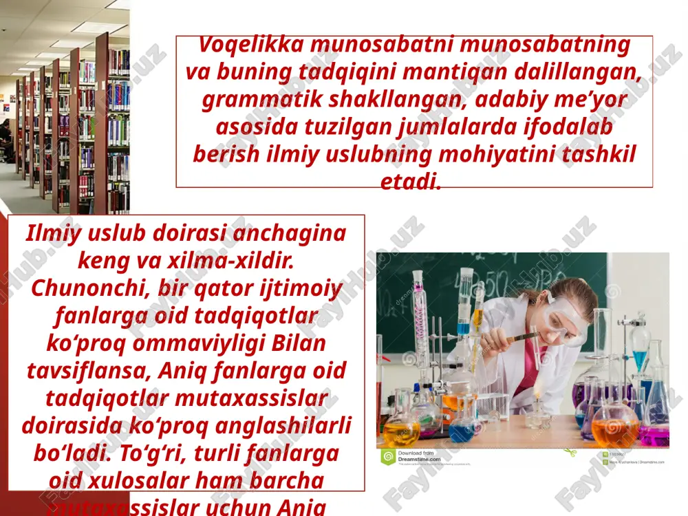 ilan aloqadorlikdir. bu axborotlar isbotlangan, dalillangan va umumlashganligi, yozma nutq shaklida nomoyon bo‘lishi uning o‘ziga xos xususiyatlaridir. axborotning holisligi va umumlashganligi, mantiqiy va izchilligi, aniq va batafsilligi bu uslubga xosdir. bu uslubda avtor shaxsi ifodalanmaydi, buyoqdor so‘zlar uchramaydi. xar bir fan sohasiga oid shartli qisqartmalar va ramziy belgilar uchraydi. shu fanga oid terminlar uchraydi. albatta, ilmiy texnik bayon ilmiy matematik bayondan yoki qat’iy ilmiy bayon ilmiy-ommabop bayondan ma’lum darajada farqlanadi. bu tafovutlar bayon qilish situatsiyasi va bayon qilish «materiali»dan kelib chiqadi. binobarin, ilmiy-texnik, ilmiy-ommabop, ilmiy-ommabop matematik bayonlar ilmiy uslubning ko‘rinishlari bo‘lgani uchun, ular ilmiy uslubga xos umumiy, yaxlit xususiyatlarga ega bo‘ladi. ilmiy uslubning barcha belgi-alomatlari ularning har birida o‘ziga xo sbir shaklda takrorlanadi. masalan ilmiy uslubning ilmiy-ommabop variantida yozilgan biron fanga oid kitob, maqola va leksiyalar shu fan masalalari bilan tanish bo‘lmagan kishilar uchun mo‘ljallanganda material ularga tushunarli shaklda bayon etiladi, fikr jonli va qiziqarli tushuntiriladi, ilmiy terminlar kam qo‘llaniladi, …