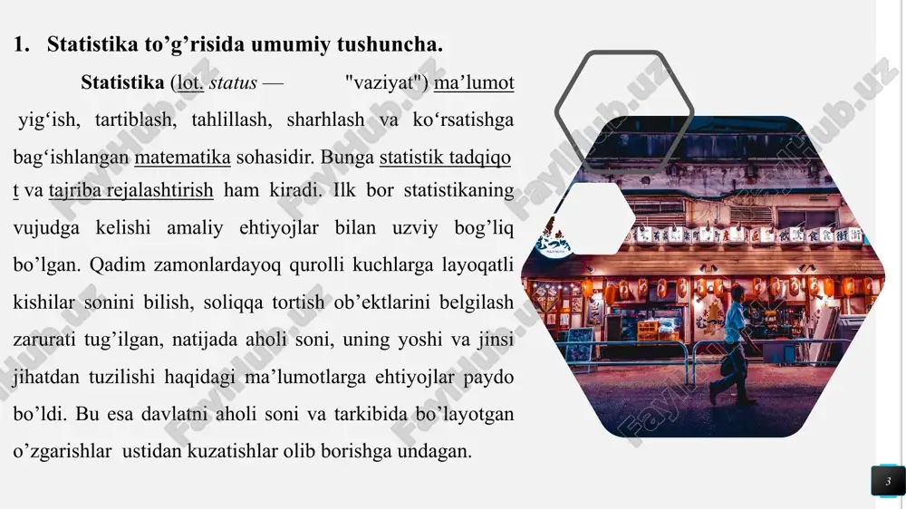 latishni talab etadi va xaqiqatda ham shunday bo’lmoqda. pirovard natijada har bir soha statistikasi yagona statitisika fani doirasida ma’lum darajada mustaqil fan va shu bilan birga uning muhim tarmog’i, yo’nalishi sifatida shakllanadi. e’tiboringiz uchun rahmat ! tayyorladi: anvarxonov axrorxon. 9 image1.png image2.jpeg image3.jpg image4.png image5.png image6.jpeg image7.jpeg image8.jpeg image9.jpg image10.jpeg image11.jfif image12.png image13.svg