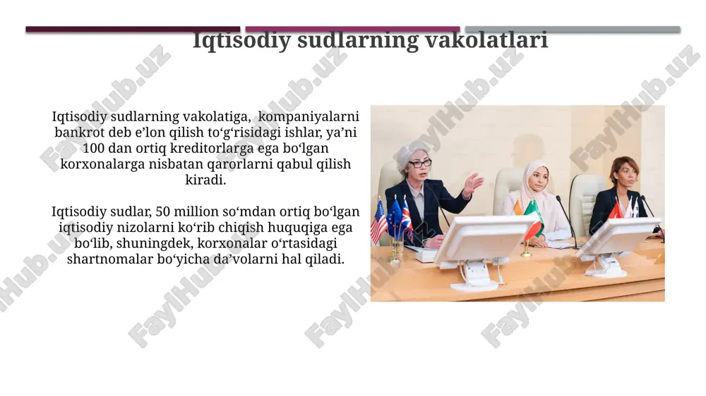 etish toʻgʻrisida qaror qabul qilishi shart. sud islohotlari va istiqbollari “sud islohotlari va istiqbollari” doirasida 2023-yil yakuniga ko‘ra, sud tizimida 1500 dan ortiq yangi texnologiyalarni qo‘llash bo‘yicha loyihalar amalga oshirildi, bu esa sud ishlarini yuritish samaradorligini 20% ga oshirdi. o‘zbekiston respublikasi oliy sudi tomonidan 2024-yil uchun sud tizimini rivojlantirishning 5 ta asosiy yo‘nalishi belgilab olindi, jumladan, sud organlarining raqamlashtirish darajasini 80% ga yetkazish rejalashtirilgan. oliy sudning vakolatlari oliy sud konstitutsiyaga muvofiq 15 nafar sudyadan iborat bo'lib, ularning vakolat muddati 5 yilni tashkil etadi. oliy sud qarorlari o‘zbekiston respublikasi hududida barcha sudlar va boshqa davlat organlari uchun majburiydir. e'tiboringiz uchun rahmat @taqdimot_robot image1.jpg image2.jpg image3.jpg image4.jpg image5.jpg image6.jpg image7.jpg image8.jpg image9.jpg image10.jpg image11.jpg image12.jpg