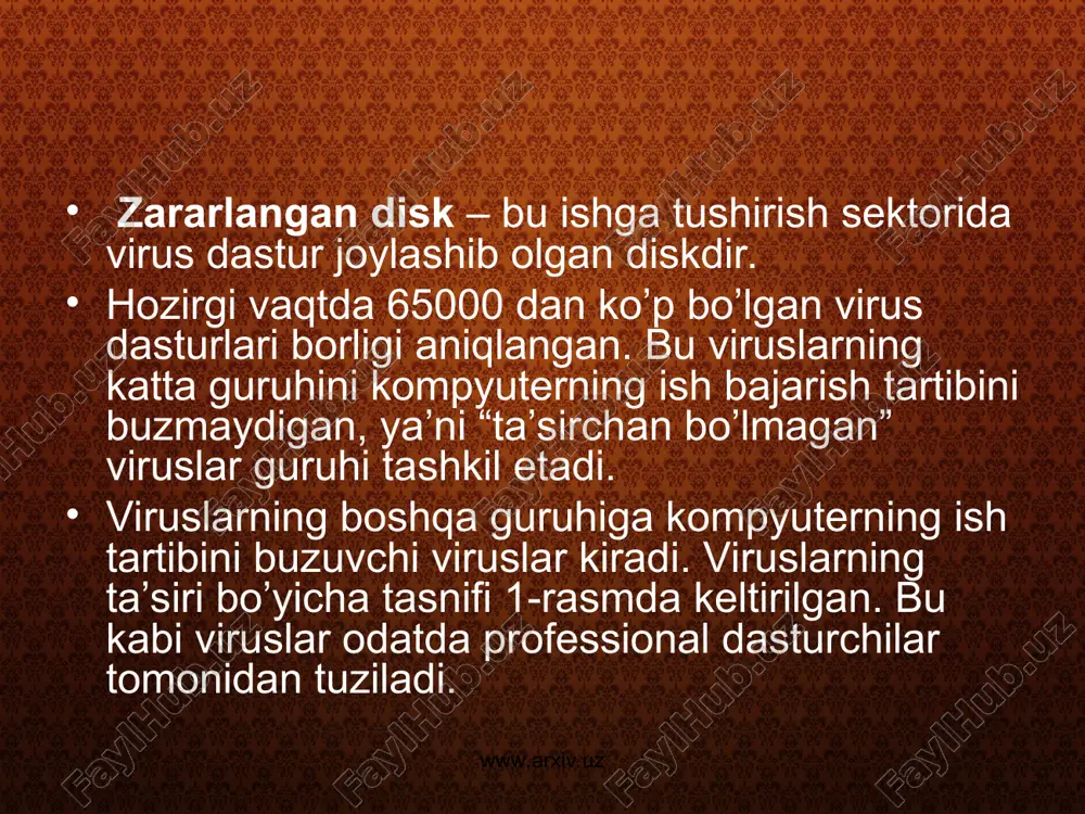 ratiladi. faylli norezident viruslar to’liqligicha bajarilayotgan faylda joylashadi, shuning uchun ham u faqat virus tashuvchi dastur faollashgandan so’ng ishga tushadi va bajarilgandan so’ng tezkor xotirada saqlanmaydi. rezident virus norezident virusdan farqliroq tezkor xotirada saqlanadi. rezident viruslarning yana bir ko’rinishi but viruslar bo’lib, bu virusning vazifasi vinchester va egiluvchan mdlarning yuklovchi sektorini ishdan chiqarishdan iborat. but viruslarining boshi diskning yuklovchi but sektorida va oxiri disklarning ixtiyoriy boshqa sektorlarida joylashgan bo’ladi. www.arxiv.uz www.arxiv.uz paketli viruslarning bosh qismi paketli faylda joylashgan bo’lib, u ot topshiriqlaridan iborat. gibridli viruslarning boshi paketli faylda joylashadi. bu virus ham faylli, ham but sektorli bo’ladi. tarmoqli viruslar kompyuter tarmoqlarida tarqalishga moslashtirilgan bo’lib, ular axborot almashishida tarqaladi. www.arxiv.uz www.arxiv.uz www.arxiv.uz viruslarning turlari fayl viruslari yuklovchi viruslar drayverlarni zararlovchi viruslar bu viruslar som, yexe kabi turli fayllarni zararlaydi kompyuterni yuklovchi dasturlarini zararlaydi; ot gi config. sys faylini zararlaydi bu kompyuterning ishlamasligiga sabab bo’ladi dir viruslari fat tarkibini zararlaydi stels- vruslari …