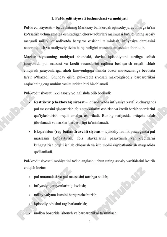 hundaki, davlat iqtisodiyotni tartibga solish jarayonida pul massasi va kredit resurslarini oqilona boshqarish orqali ishlab chiqarish jarayonlariga, aholi farovonligiga hamda bozor muvozanatiga bevosita ta’sir o‘tkazadi. shunday qilib, pul-kredit siyosati makroiqtisodiy barqarorlikni saqlashning eng muhim vositalaridan biri hisoblanadi. pul-kredit siyosati ikki asosiy yo‘nalishda olib boriladi: · restriktiv (cheklovchi) siyosat – iqtisodiyotda inflyasiya xavfi kuchayganda pul massasini qisqartirish, foiz stavkalarini oshirish va kredit berish shartlarini qat’iylashtirish orqali amalga oshiriladi. buning natijasida ortiqcha talab jilovlanadi va narxlar barqarorligi ta’minlanadi. · ekspansion (rag‘batlantiruvchi) siyosat – iqtisodiy faollik pasayganda pul massasini ko‘paytirish, foiz stavkalarini pasaytirish va kreditlarni kengaytirish orqali ishlab chiqarish va iste’molni rag‘batlantirish maqsadida qo‘llaniladi. pul-kredit siyosati mohiyatini to‘liq anglash uchun uning asosiy vazifalarini ko‘rib chiqish lozim: · pul muomalasi va pul massasini tartibga solish; · inflyasiya jarayonlarini jilovlash; · milliy valyuta kursini barqarorlashtirish; · iqtisodiy o‘sishni rag‘batlantirish; · moliya bozorida ishonch va barqarorlikni ta’minlash; · tashqi iqtisodiy muvozanatni qo‘llab-quvvatlash. pul-kredit siyosati iqtisodiy tizimning …