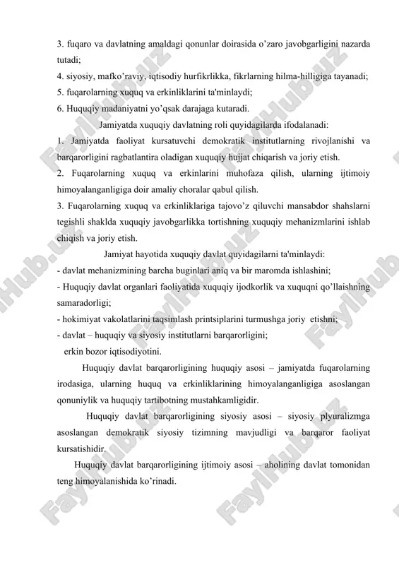 osabatlarining mavjudligidir. insonparvar xuquqiy davlatning belgilari: 1. konstitutsiya va qonunning ustuvorligi. 2. davlat hokimiyati tizimining taksimlanish printsipi. 3. insonning xuquq va erkinliklariga rioya etish va ularni himoyalanishi. 4. oliy qadriyat sifatida inson ququq va erkinliklarini joriy etish shart-sharoitlarning yaratilishi. 5. demokratlilik. 6. siyosiy va xuquqiy madaniyat darajasini yo’qsalishi. 7. adolatli fuqarolik jamiyatini yaratilishi. 8. sud – xuquqiy islohotlarining o’tkazilishi. 9. sudning mustaqilligi. 10. hokimiyat vakolatlarini taksimlash va xuquqiy davlat tizimini yaratish maqsadida qonunlarni chiqarish va takomillashtirish. i.a. karimov ta'biri bilan aytganda xuquqiy davlatning asosiy belgisi barcha fuqarolarning qonun oldida tengligi, konstitutsiya va qonunlarning ustunligini ta'minlashidir. huquqiy davlat iborasi ilk bor x1x asrda yashagan nemis olimlari k.velker va i. frayxer fon aretin asarlarida uchraydi. 1832 yilda robert fon mol huquqiy davlat haqidagi ta’limotga uzluksiz rivojlanib boruvchi kategoriya sifatida qaragan. keyinchalik huquqiy davlat iborasi keng tarqalib rossiyada b. chicherin, p.novgorodsev, n.korkunovlar tomonidan o’rganilgan. iyering huquqiy davlatga faqatgina davlat hokimiyatining o’zi belgilagan tartibga …