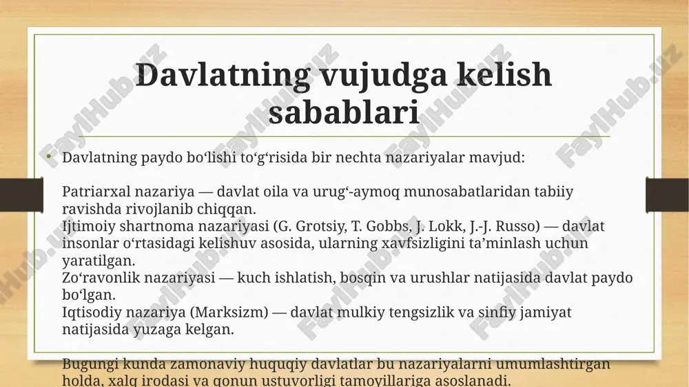 davlatning ijtimoiy ahamiyati davlatning asosiy maqsadi — jamiyatni tartibga solish, adolatni ta’minlash va har bir fuqaroning huquqlarini himoya qilishdir. bugungi kunda o‘zbekiston respublikasi: “inson qadri uchun” tamoyili asosida islohotlar olib bormoqda; raqamli boshqaruv, ochiq ma’lumotlar va fuqarolik nazorati tizimlarini kengaytirmoqda; adolatli va insonparvar davlat qurish yo‘lida harakat qilmoqda. xulosa davlat — bu jamiyatning siyosiy tizimida markaziy o‘rinni egallovchi institutdir. u inson huquqlarini himoya qiladi, ijtimoiy barqarorlikni saqlaydi va taraqqiyotning kafolatidir. huquq fani davlatni nafaqat boshqaruv tizimi sifatida, balki inson erkinligi va adolatning asosi sifatida o‘rganadi. image5.png image6.png image7.jpeg image8.jpeg image9.jpeg image10.jpeg image3.png image4.png /docprops/thumbnail.jpeg