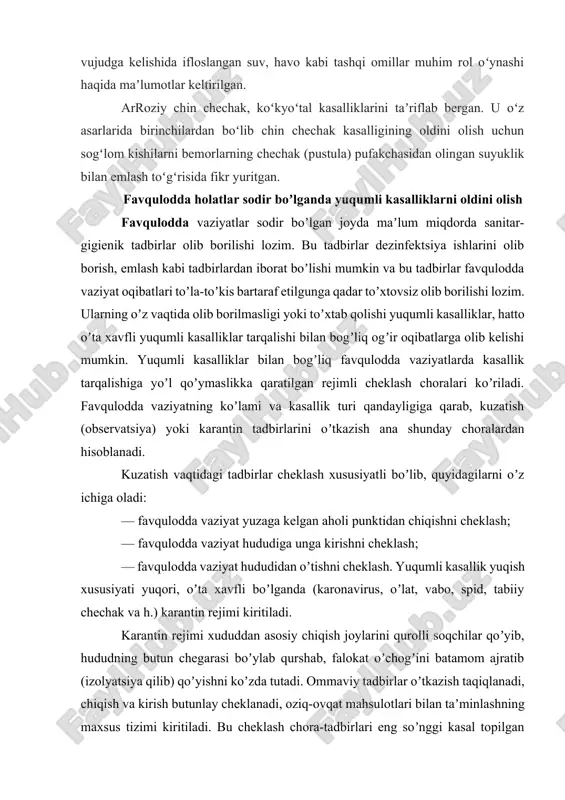 onavirus, oʼlat, vabo, spid, tabiiy chechak va h.) karantin rejimi kiritiladi. karantin rejimi xududdan asosiy chiqish joylarini qurolli soqchilar qoʼyib, hududning butun chegarasi boʼylab qurshab, falokat oʼchogʼini batamom ajratib (izolyatsiya qilib) qoʼyishni koʼzda tutadi. ommaviy tadbirlar oʼtkazish taqiqlanadi, chiqish va kirish butunlay cheklanadi, oziq-ovqat mahsulotlari bilan taʼminlashning maxsus tizimi kiritiladi. bu cheklash chora-tadbirlari eng soʼnggi kasal topilgan vaqtdan boshlab, kasallikning inkubatsiya davri oʼtib boʼlguncha vaqt davomida olib boriladi. observatsiya yoki karantin hududida qolgan aholi ularning oldiga qoʼyilgan barcha talablarni qatʼiyan bajarishlari hamda vahimaga tushmasliklari kerak. bu ayniqsa vaqtinchalik kelib qolgan kishilarga tegishlidir. rejim hududidan shoshilinch chiqib ketish zarur boʼlib qolganida ular inkubatsiya davri mobaynida izolyatorga qoʼyilib, nazorat ostida boʼlganlaridan keyin hududdan tashqariga chiqishlariga ruxsat berilishi mumkin. yuqumli kasalliklarni bartaraf etish va epidemiya avj olib ketishining oldini olish boʼyicha olib boriladigan kompleks chora-tadbirlardan biri bu dezinfektsiya tadbiri hisoblanadi. dezinfeksiya obʼektlardagi va tashqi muhitning turli qatlamlaridagi yuqumli kasalliklarning qoʼzgʼatuvchilarini yoʼq qilish uchun …