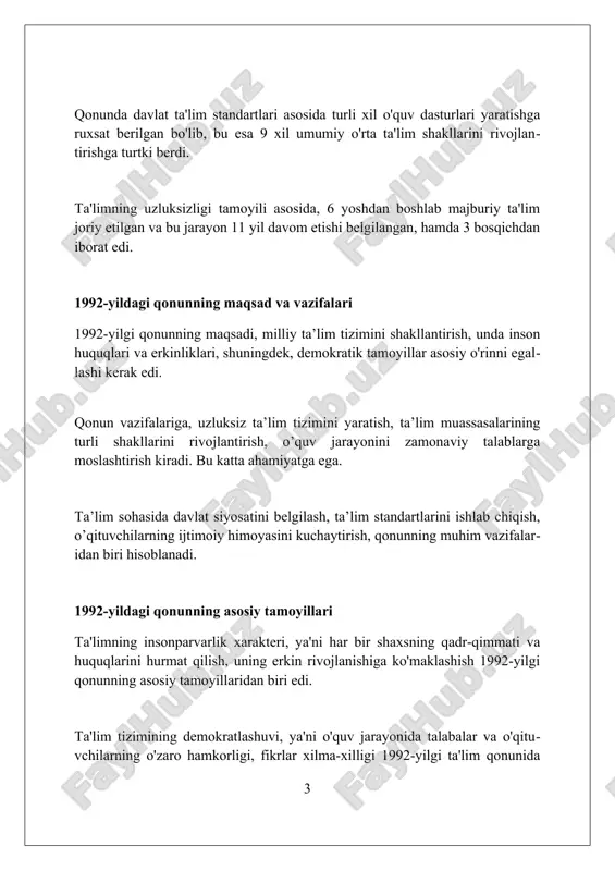 igi prinsipiga ko'ra, 1997-yilgi qonun maktabgacha ta'limdan tortib oliy ta'limgacha bo'lgan barcha darajalarni qamrab oladi, sifatli ta'lim olish imkoniyatini ta'minlaydi. demokratlashtirish tamoyili o'quv jarayonini erkinlashtirishni, ta'lim muassasalarining avtonomiyasini oshirishni va ta'lim sohasida boshqaruvning yangi, zamonaviy usullarini joriy etishni nazarda tutadi. insonparvarlik tamoyili har bir shaxsning qadr-qimmatini hurmat qilish, o'quvchilarning individual xususiyatlarini hisobga olish va ularning har tomonlama rivojlanishi uchun sharoit yaratishga qaratilgan. 1992 va 1997-yillardagi qonunlarning qiyosiy tahlili 1992-yildagi ta'lim to'g'risidagi qonunda majburiy ta'lim 9 yil edi, 1997-yilgi qonunda esa bu davr umumiy o'rta ta'lim sifatida 11 yilga uzaytirildi, bu ta'lim sifatini oshirishga qaratilgan. 1992-yilgi qonun ta'lim muassasalarining mulkiy shakllariga aniq urg'u bermagan, 1997-yildagi qonun nodavlat ta'lim muassasalarining rivojlanishiga huquqiy asos yaratdi, raqobat muhitini shakllantirdi. 1992-yilgi qonunda ta'lim standartlari haqida kam ma'lumot berilgan, 1997-yilgi qonun davlat ta'lim standartlarini joriy etishni nazarda tutadi, ta'lim sifatini baholash va nazorat qilish mexanizmini yaratdi. ta'lim tizimida o'zgarishlar (1992-1997) 1992-yilda "ta'lim to'g'risida"gi qonun qabul qilinib, …
