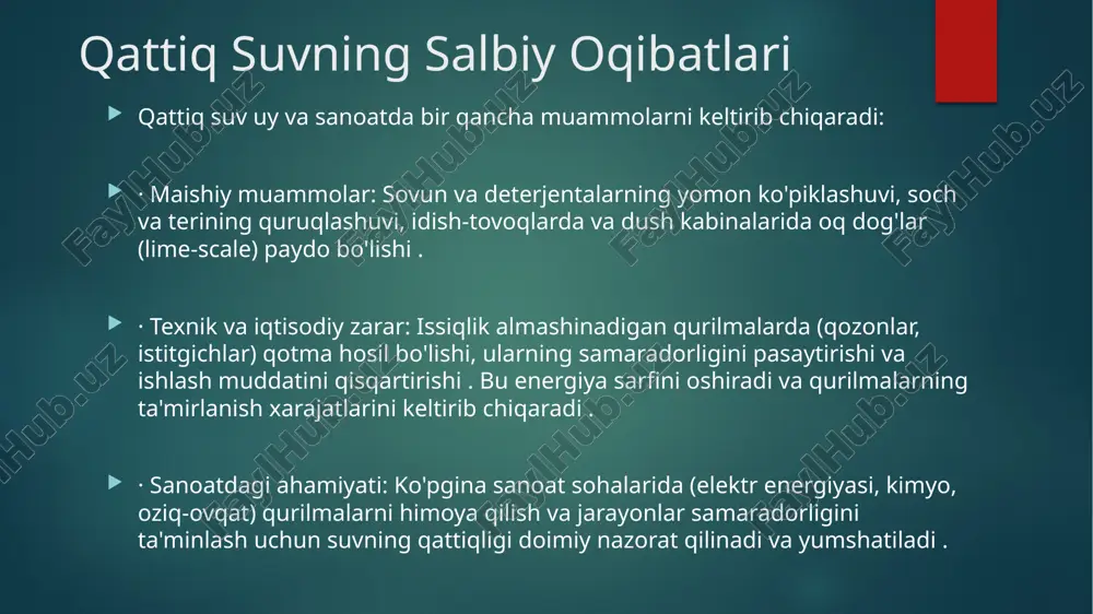 yumshatish dastlabki investitsiyani talab qilsa-da, uzoq muddatda jihozlamarning saqlanishi va energiya tejamkorligi hisobiga o'zini tezda amalga oshiradi. 4. sog'liq uchun ahamiyati - qattiq suv tashqi ko'rinish va farovonlikka ta'sir ko'rsatsa-da, odatda sog'liq uchun bevosita xavfli emas. dnt 816 u talabalari abdusaydo’va ro’za jovliyev nurmuhammad etiboriz uchun rahamat!!! image6.png image2.png image3.png image4.png image5.png /docprops/thumbnail.jpeg