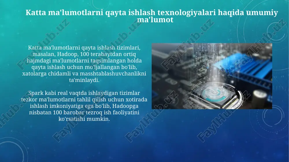 irtual mashinalarda hadoop klasterlarini yaratishni soddalashtiradi. bulutdagi ma'lumotlarni qayta ishlash, amazon s3 da 99.999999999% darajadagi bardoshlik bilan saqlangan petabayt hajmdagi ma'lumotlarni qayta ishlash uchun mo'ljallangan. katta ma'lumotlarni qayta ishlashda dolzarb muammolar va istiqbollar katta ma'lumotlar o'sishi 40-50% ga oshgan sayin, ma'lumotlarni tezkor tahlil qilish uchun samarali algoritmlar va apparat vositalarini yaratish dolzarb masala hisoblanadi. ma'lumotlar xavfsizligi va maxfiyligini ta'minlash, ayniqsa, sog'liqni saqlash va moliya kabi sohalarda muhim, chunki shaxsiy ma'lumotlarning 80% dan ortig'i qayta ishlanadi. e'tiboringiz uchun rahmat image4.png image2.png image5.jpg image6.jpg image7.jpg image8.jpg image9.jpg image10.jpg image11.jpg image12.jpg image13.jpg image14.jpg