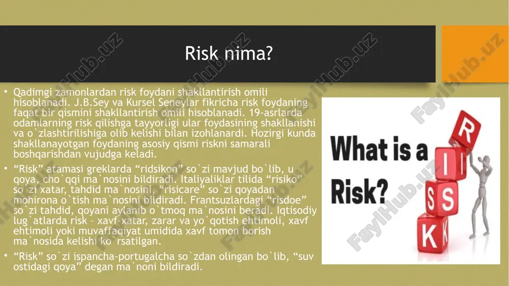 shlab chiqarish riski;boshqaruv riski sotish riski;moliyaviy risk mamlakat riski ma`muriy risk huquqiy riski fors-major riski loyiha ishtirokchilari riski - bu ishtirokchilarning loyiha faoliyati doirasida o`z majburiyatlarini anglagan holda yoki majburiy tarzda bajarmaslik riski. loyiha smeta qiymatining oshish riskiga - quyidagilar sabab bo`lishi mumkin :loyihalash jarayonidagi xatolar, pudratchilarning resurslardan samarali foydalanishni ta`minlay olmasligi, loyihani amalga oshirish shartlarini o`zgarishi va boshq. qurilishni o`z vaqtida tugallanmaslik riskiga quyidagilar ta`sir ko`rsatadi: pudratchilarning o`z majburiyatlarini bajarmasliklari. ish va ob`ekt sifatining pastligi riski – pudratchilar majburiyatining buzilishi, loyihalashtirishdagi xatolar va boshqalar natijasida kelib chiqishi mumkin. konstruktsion risk – bu investitsiya fazasidayoq loyihaning texnik amalga oshmaslik riskidir. texnologik risk – bu ishlab chiqarish texnologiyalarining sanoat darajasida qo`llanilmasligi natijasida ma`lum texnik-iqtisodiy parametrlardan ob`ekt ekspluatatsiyasidagi cheklanishlar riski. ishlab chiqarish riski – bu ishlab chiqarish jarayonida kamchiliklarni yuzaga kelish riski. boshqaruv riski - bu ishlab chiqarish riskining bir turi, boshqaruvchi shaxsning tajriba va malakasini yetarli darajada emasligi natijasida ro`y beradi. …