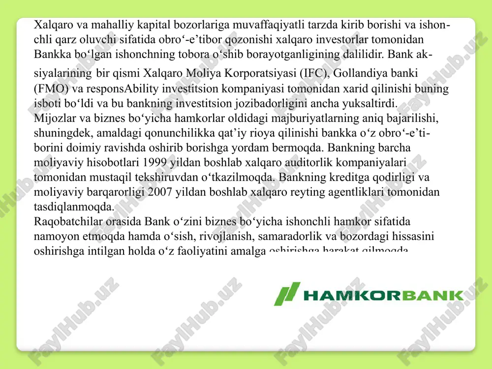 iz stavkasi 3 000 000 so'm omonat eng kam miqdori yubiley 30 18 oyomonat muddati 20%yillik foiz stavkasi 1 000 000 so'momonat eng kam miqdori hamkor 30 yil 13 oyomonat muddati 4.5%yillik foiz stavkasi 100 usdomonat eng kam miqdori hamkorbank» aтb jismoniy shaxslarga dunyoning istalgan nuqtasiga pul mablag’ini xorijiy valyutada o’tkazishga imkon beradi. bank «western union», «contact», «unistream», «zolotaya korona» va «moneygram» tizimlarining qatnashchisi hisoblanadi va shu tufayli biz o’z mijozlarimizga yaqin qarindoshlari va do'st-birodarlariga pullarni tez va arzon narxda o’tkazib berishlariga yordam berishimiz mumkin. pul o’tkazmasini rasmiylashtirish bir necha daqiqa vaqt oladi xolos. o’tkazmalarni hamkorbankning barcha 46 ta filialida jo’natishingiz yoki qabul qilib olishingiz mumkin. pul o’tkazmalarini amalga oshirish uchun shaxsni tasdiqlovchi hujjat va qabul qilib oluvchining ma’lumotlarini taqdim qilishingiz kerak. o’tkazmani naqd milliy valyuta so’mda yoki plastik kartadan mablag’larni chiqim qilish yo’li bilan amalga oshirsangiz bo’ladi. milliy valyutadagi o‘tkazmalar uchun tariflar: 1 000 000 so’mgacha bo’lgan o’tkazmalar uchun …