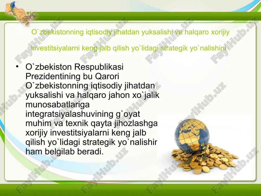 liyaviy moddiy va aqliy boyliklarni qayta taksimlashning vertikal va gorizontal usullaridan bir xilda foydalanishni ta`minlab beradi. iqtisodiy kategoriya sifatida investitsiya quyidagicha tasniflanadi: birlamchi (avaylangan) jamg`arilgan kapitalni ko`paytirish maqsadida kapitalni tadbirkorlik ob`ektlariga joylashtirish; investitsion loyihalarni amalga oshirish jarayonida investitsiya faoliyati ishtirokchilari o`rtasida vujudga keladigan iqtisodiy munosabatlardir. xorijiy mamlakatlarning tajribasi va investitsiya to`g`risida o`zimizda qabul qilingan qonunlarning tahlilidan kelib chiqib, investitsiyaning shartli ravishda uchta turini ajratish mumkin: moliyaviy investitsiyalar; moddiy investitsiyalar; aqliy (intellektual) investitsiyalar. bozor iqtisodiyoti sharoitida shar bir investitsiya turining o`ziga xos o`rni bo`ladi. moliyaviy investitsiyalar tarkibiga mashalliy va xorijiy mamlakatlarning pul birliklari, banklardagi omonatlar, depozit sertifikatlar, aktsiyalar, obligatsiyalar, veksel’’lar va boshqa qimmatli qog`ozlar shunga tenglashtirilgan boyliklar kiradi. moddiy investitsiyalar tarkibiga asosiy fondlar, ya`ni binolar, asbob-uskunalar, inshootlar, kommunikatsiyalar va boshqa turdagi asosiy ishlab chiqarish fondlarining aktiv va passiv qismlari kiradi. aqliy (intellektual) investitsiyalar miqdori juda rang-barangdir, ya`ni ular mulkiy shuquqlar shaklidagi investitsiyalar aqliy meshnatga oid shakldagi investitsiyalar va tabiiy resurslardan foydalanish …