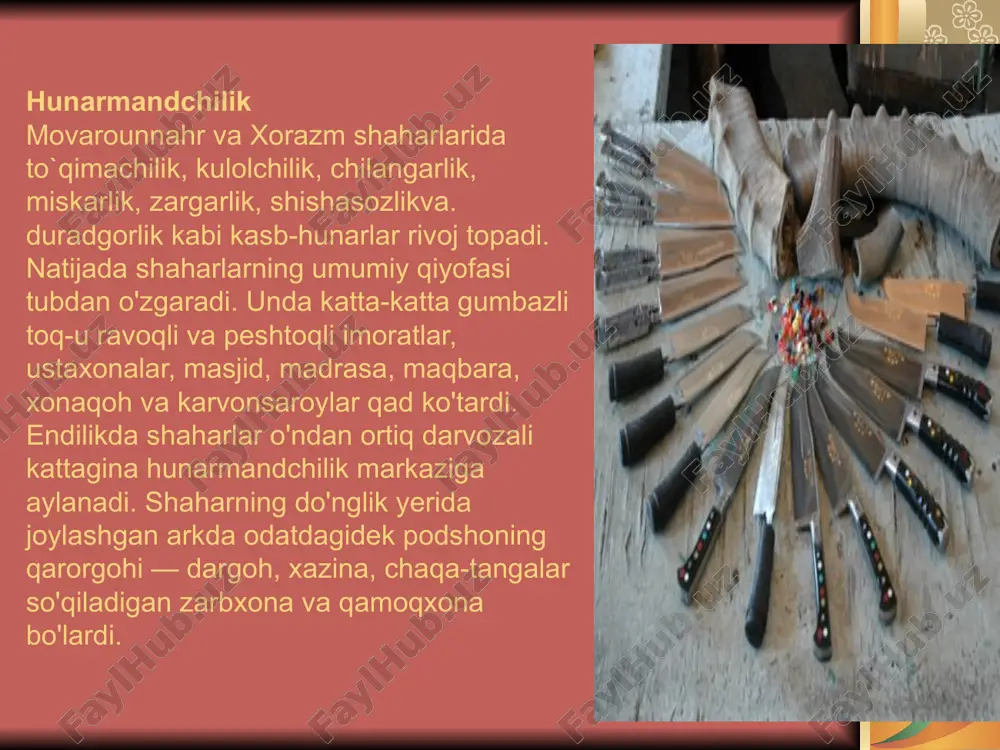 irdan turli xildagi qimmatbaho mo'ynalar, chorva mollari va chorvachilik mahsulotlari keltirilgan. xitoyshunos a. xo'jayevning ta'kidlashicha, vii-ix asrlarda xitoy bilan bo'lgan savdoda choy, ipak mato, tuz va ot asosiy o'rinda turgan. har bir ot xitoy bozorida (to'pi 12,8 metrli) 50 o'ram ipak matoga ayirbosh (barter) qilingan. ichki bozorlarda «fals» deb atalgan mis chaqa, xalqaro savdo-sotiqda esa kumush tanga — dirhamlar ishlatilardi. mis chaqalarni markaziy hukumat ham, shuningdek, sulola a'zolaridan bo'lgan ba'zi viloyat hokimlari ham chiqarar edilar. kumush tangalar faqat hukumat boshlig'i nomidan marv, samarqand, buxoro va shoshda davlat zarbxonalarida so'qilar edi. somoniylar «ismoiliy», «muhammadiy» nomlari bilan yuritilgan bir necha kumush dirhamlar chiqargan edilar. ular orasida «ismoiliy» tangasi yuqori sifatli sof kumushdan zarb etilib, u asosan xalqaro savdo aloqalarida ishlatilgan. image1.wmf image2.png image6.png image7.jpeg image8.jpeg image9.jpeg image10.jpeg image11.jpeg image3.png image4.png image5.png /docprops/thumbnail.jpeg