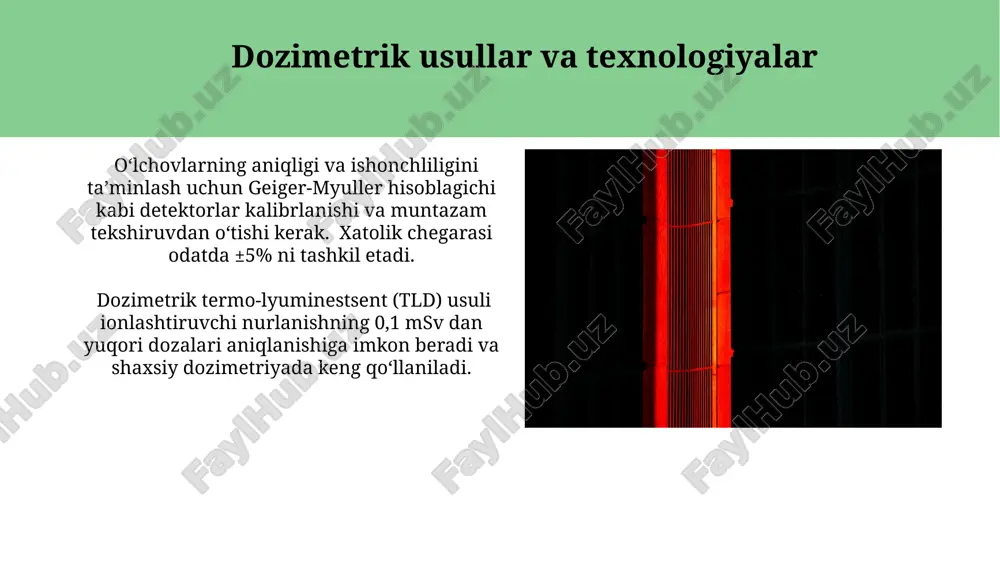 motlarini olish uchun, 1 mev dan 10 mev gacha bo'lgan energiya oralig'ida 100 ta energiya kanallarini ishlatish hisoblash aniqligini ta'minlaydi. turli xil radiatsiya turlarining inson tanasidagi taqsimoti neytron radiatsiyasi inson tanasida turli reaksiyalarni keltirib chiqaradi, shu jumladan yadro reaksiyalarini, to'qimalarga biologik shikastlanish darajasini 10-20% ga oshiradi. alfa-zarralar yuqori ionlashtiruvchi quvvatga ega bo'lib, terining sirt qatlamlarida to'xtaydi, 100 mkm dan oshmaydi, shuning uchun ichki organlarga kamroq ta'sir qiladi. klinik dozimetriya yuqori energiyali fotonlar (1 mev dan yuqori) bilan bog'liq klinik dozimetriyada, chuqurlikdagi dozani aniqlash uchun monte-karlo simulyatsiyasi keng qo'llaniladi. klinik dozimetriyada bemor tanasidagi nurlanishning 100 msv dan yuqori dozalarini aniqlash uchun termoluminestsent dozimetrlardan (tld) foydalaniladi, bu esa o'tkir nurlanish sindromini aniqlashga imkon beradi. tadqiqot natijalari va xulosalar gamma-nurlanishning o'rtacha energiya dozasi alfa-nurlanishga nisbatan 2,5 marta yuqori bo'lib, terining chuqur qatlamlariga ta'sirini 10% ga oshirdi. simulyatsiya natijalari shuni ko'rsatdiki, neytron nurlanishining hujayra shikastlanishiga ta'siri proton nurlanishiga qaraganda taxminan 30% yuqori. e'tiboringiz uchun …