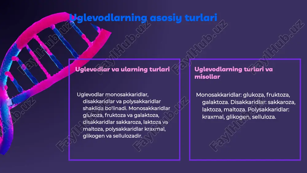 him. mushaklar uchun tezkor energiya beradi. ovqatlanishdagi o'rni to'g'ri ovqatlanishda uglevodlar muhim. ular muvozanatli ratsion va sog'liq uchun zarur bo'lib, oqsil va yog'lar bilan birga bo'lishi kerak. sog'lom hayot uchun muvozanat sog'lom hayot uchun uglevodlar ratsionda muvozanatli bo'lishi kerak. meva, sabzavot va butun don mahsulotlarida bo'lishi muhim. uglevodlar inson organizmida qon shakar darajasini boshqarishda muhim rol o'ynaydi, ammo ortiqcha qabul qilish diabet va yurak-qon tomir kasalliklariga olib kelishi mumkin. dr. akmal karimov xulosa uglevodlar organizm uchun muhim energiya manbaidir. ular monosakkaridlar, disakkaridlar va polysakkaridlar shaklida bo'lib, har biri o'zining funktsiyalariga ega. uglevodlar almashinuvi energiya ishlab chiqarish uchun muhim. sog'lom uglevodlar tanlang, diabet va yurak kasalliklaridan saqlaning, sog'liqni mustahkamlash uchun muhimdir. e'tiboringiz uchun rahmat! image1.png image2.png image11.jpeg image6.png image7.png image8.png image9.png image5.png image13.jpeg image14.jpeg image10.png image12.png