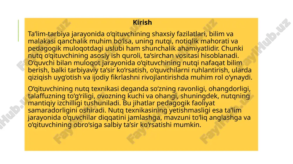 g barcha bosqichlarida o‘qituvchining obro‘sini oshiradi, o‘quvchilarning unga bo‘lgan ishonchini kuchaytiradi. 5. o‘qituvchi nutq texnikasi va notiqlik madaniyatini rivojlantirish yo‘llari o‘qituvchi nutq texnikasi va notiqlik madaniyatini rivojlantirish jarayoni uzluksiz bo‘lishi kerak. buning uchun quyidagi yo‘llar muhim: maxsus mashqlar orqali to‘g‘ri nafas olish va talaffuzni mashq qilish; badiiy adabiyotlarni o‘qish va ularni ifodali o‘qish; o‘z nutqini yozib olib, tahlil qilish va kamchiliklarni bartaraf etish; notiqlik san’ati bo‘yicha adabiyotlar o‘rganish; tajribali notiqlar va ustozlarning nutqlarini kuzatib, ulardan saboq olish. natijada, o‘qituvchi nafaqat bilim beruvchi, balki nutqi bilan o‘quvchini ilhomlantiruvchi, unda ijobiy his-tuyg‘ular uyg‘otuvchi yetuk shaxs sifatida shakllanadi. e’tiboringiz uchun rahmat image2.jpg image3.png image4.png image5.png image6.png /docprops/thumbnail.jpeg