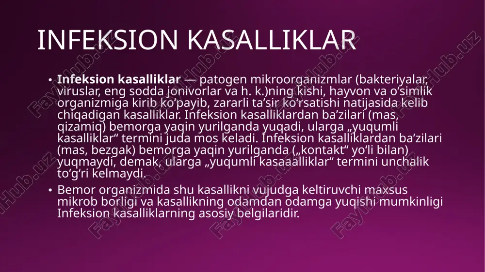 otqizish shart. gripp, qizamiq, koʻkyutal va b. baʼzi infeksion kasalliklar bilan ogʻrigan bemorlarni alohida xonaga yotqizish, tegishlicha parvarish qilish va dezinfeksiya oʻtkazib turish sharti bilan uyida ajratib qoʻyish mumkin. sanatoriylar, dam olish uylari, bolalarni sogʻlomlashtirish muassasalari, bolalar bogʻchalari va yaslilarda, shuningdek, kasalxonalarning terapiya, xirurgiya, pediatriya va b. (infeksion boʻlimidan tashqari) boʻlimlarida izolyator jihozlanadi. ayniqsa, xavfli infeksiyalar (toun, vabo) bilan ogʻrigan bemorlarga yaqin yurgan kishilarni oʻsha kasalliklarning inkubatsion davriga teng keluvchi muddat bilan ajratib qoʻyish shart. boshqa infeksion kasalliklarda bemorlar turli muddat bilan ajratib qoʻyiladi (jadval).[1] immunodiagnostika (immunitet va diagnostika) — amaliy immunologiyaning boʻlimi; infeksion kasalliklarni serologik tekshirishga asoslangan bakterioliz; agglyutinatsiya, pretsipitatsiya va b. diagnostik reaksiyalar yordamida aniqlash. yuqumli kasalliklardan tashqari, qon guruhini aniqlashda va sud tibbiyotida krnning odam yoki hayvon qoni ekanligini bilishda ham i. usullaridan foydalaniladi. veterinariyada hayvonlarning koʻpgina yuqumli kasalliklarini, shuningdek, kasal va mikrob tashuvchi hayvon turlarini aniqlashda i. qoʻllaniladi. sil, brutsellyoz, manqada i. maʼlum reja asosida muntazam …