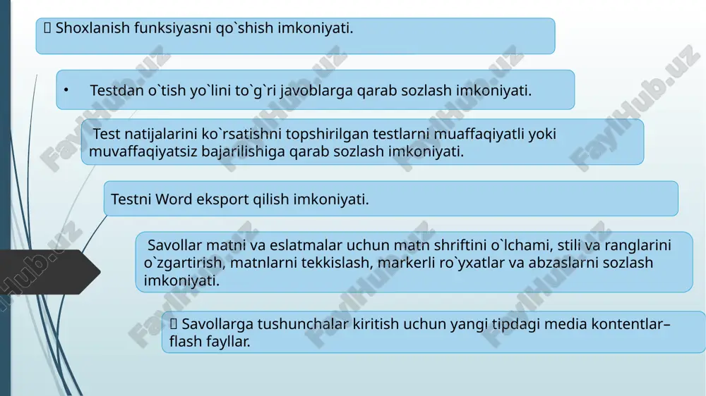 h (ввод строки) o`quvchi to`g`ri javobni taxrirlanuvchi matn maydoniga kiritishi kerak. «допустимые ответы» ro`yxatiga barcha to`g`ri deb hisoblanuvchi variantlarni kiriting. variantlar registrga sezuvchi (katta yoki kichik xarflar) bo`lishi mumkin moslarini birlashtirish (соответствие) mos so`zlar yoki jumlalarni birlashtirish. bir necha mos juftliklar yarating. test jarayonida chap va o`ng tomonlar aralash xolatda beriladi. tartiblash (порядок) javoblarni to`g`ri variantda tartiblash kerak. javoblarni to`g`ri variantdagi tartib bilan yarating. test topshiruvchiga u ixtiyoriy tartibsiz xolda beriladi. son kiritish (ввод числа) javoblar maydoniga raqam kiritilishi kerak. javob butun yoki kasr son bo`lishi mumkin. kasr sonlarni bo`luvchisi sifatida nuqta belgisi ishlatiladi. bunday test savolida to`g`ri javob variantini bir necha shartlardan foydalangan xollarda berish mumkin. berilgan shartlarda qaysi biri qanoatlantirilsa shu javob to`g`ri deb xisoblanadi. shartlar quyidagi tiplardan iborat bo`lishi mumkin: teng (равно) [son] ; orasida (между) [son1] va [son2] ; katta (больше чем) [son] ; katta yoki teng (больше или равно) [son]; kichik (меньше чем) [son]; kichik …