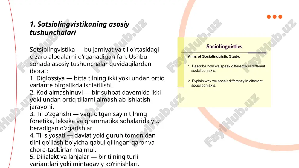ktlar, aksentlar, kod almashinuvi va stilning ijtimoiy omillar bilan bog‘liqligi tahlil qilinadi. sotsiolingvistika, shuningdek, tilning maqomi, prestiji va standartlashtirilishi kabi masalalarga ham e’tibor qaratadi. ushbu soha orqali til va ijtimoiy o‘zgarishlar, davlat siyosati va til siyosati o‘rtasidagi aloqalar ham o‘rganiladi. ... t.me/slaydai_bot 7. gender va til gender tengligi masalasi o‘zbekistonda muhim ijtimoiy mavzulardan biridir. 2020-yilgi ma'lumotlarga ko‘ra, o‘zbekiston aholisining 50.6 foizini ayollar tashkil etadi. mehnat bozorida ayollarning ishtirokini oshirish maqsadida qator dasturlar amalga oshirilmoqda. bmtning 2021-yildagi gender tenglik indeksida o‘zbekiston 120-o‘rinda turadi. parlamentda ayollarning ulushi 32 foizni tashkil qiladi, bu mdh davlatlari orasida yuqori ko‘rsatkichlardan biridir. shu bilan birga, oliy ta'lim muassasalarida ayol talabalarning ulushi 48 foizga yetgan. gender tengligi yo‘nalishida amalga oshirilayotgan islohotlar ayollar huquqlarini mustahkamlash va imkoniyatlarini kengaytirishga qaratilgan. ... t.me/slaydai_bot o'zbekistonda 8 yoshdagi bolalar, odatda, boshlang'ich maktabning ikkinchi sinfida tahsil olishadi. bu yoshda bolalar o'z ona tillarida gaplashishda va yozishda ancha mohirlikka ega bo'lib, ba'zi xorijiy tillarni …