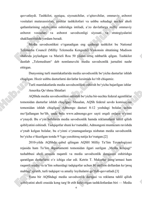 arni oʻz ichiga olar edi. ketrin t. makartur jamgʻarmasi ham raqamli media va taʼlim sohasidagi tadqiqotlar uchun 80 million dollardan koʻproq mablagʻ ajratib, turli tadqiqot va amaliy loyihalarni qoʻllab-quvvatladi.[3] yana bir aqshdagi media savodxonlik darajasi va reklama tahlil qilish qobilyatini aholi orasida keng targʻib etib kelayotgan tashkilotlardan biri — media savodxonlikni oshirish milliy assotsatsiyasi hisoblanadi. bu tashkilot 1997-yildan buyon faoliyat olib boradi va namle konfrensiyasi, media savodxonlik haftaligi kabi dasturlari orqali media savodxonlikni targʻib qilib kelmoqda. media-diskurs ta'rifi. "hodisa" tushunchasi va uni ommaviy axborot vositalarida og'zaki namoyish etish usullari svetlana sergeevna reznikova media? ijtimoiy, madaniy, mafkuraviy, iqtisodiy, texnik va texnologik va boshqa parametrlarni o'z ichiga olgan ko'p o'lchovli hodisa. ommaviy axborot vositalarining ko'p o'lchovli bo'lishi ularning mohiyati to'g'risida turli xil tushunchalar, nazariyalar va fikrlarni shakllantiradi. aslida, ommaviy axborot vositalarining hodisasini tavsiflovchi ko'plab nazariyalar mavjud, ammo ularda nafaqat yakuniy estetik ta'sir etishmaydi, balki har qanday nazariyani kuchli, barqaror va zamonaviy insonga …