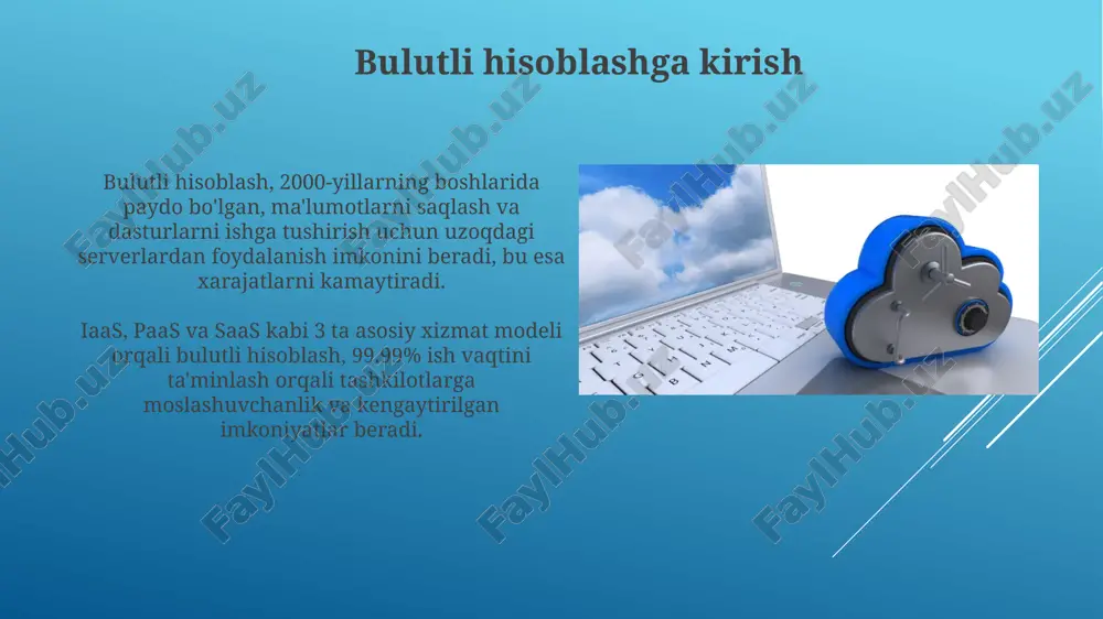 ashinalardan farq qiladi, chunki ular operatsion tizim yadrosini baham ko'rishadi, bu esa ularni ancha yengilroq va tezroq ishga tushirish imkonini beradi, masalan, bir necha soniyada. serverlarsiz hisoblash serverlarsiz hisoblash dastur kodini serverlarni boshqarish zaruratisiz ishga tushirishga imkon beradi, bunda 100 foiz resurslardan foydalanish va avtomatik o'lchamlash ta'minlanadi. serverlarsiz arxitektura dasturiy ta'minot muhandislariga faqat kod yozishga e'tibor qaratishga yordam beradi, operatsion xarajatlarni kamaytiradi va 99.99% ish vaqtini ta'minlaydi. bulutli saqlash bulutli saqlash ma’lumotlarni uzoq serverlarda saqlash imkonini beradi, bu foydalanuvchilarga 99.99% gacha ishonchliligi bilan istalgan joydan ma'lumotlarga kirish imkoniyatini beradi. bulutli saqlashning uchta asosiy turi mavjud: ob’ektli saqlash (amazon s3), faylli saqlash (nas) va blokli saqlash (aws ebs), har biri o’ziga xos afzalliklari bilan. bulutli tarmoq "bulutli tarmoq" 2000-yillarning boshlarida paydo bo'lgan, lekin 2006-yilda amazon web services (aws) tomonidan ec2 xizmati ishga tushirilgandan keyin ommalashdi. bulutli tarmoq resurslari talabga qarab, misol uchun, virtual mashinalar (vm) va saqlash maydoni, 99.99% dan yuqori …