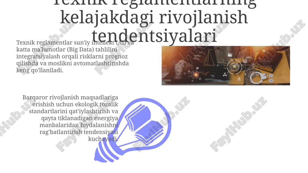 a qaratilgan. texnik reglamentlar ishlab chiqish tartibi texnik reglament ishlab chiqishda xatarlarni baholash amalga oshiriladi, bu esa inson hayoti va sog'lig'iga ta'sir etuvchi 1-darajali xavflarni aniqlashga yordam beradi. vakolatli organ texnik reglamentni qabul qilgandan so'ng, u rasmiy nashrlarda e'lon qilinadi va 3 oydan kam bo'lmagan muddatdan keyin kuchga kiradi. texnik reglamentlarning huquqiy asoslari: qonunchilik bazasi mahsulot yoki xizmatlarning xavfsizligi, ekologik tozaligi va boshqa talablari 2002-yil 13-dekabrdagi "mahsulotlar va xizmatlar sertifikatlashi to'g'risida"gi qonun bilan ham tartibga solinadi. texnik reglamentlarning huquqiy asosi "texnik jihatdan tartibga solish to'g'risida"gi 2009-yil 25-dekabrdagi o'rq-235-sonli qonun bilan belgilanadi, u texnik reglamentlarni ishlab chiqish tartibini belgilaydi. texnik reglamentlarga muvofiqlikni baholash 01 02 texnik reglamentlarga muvofiqlikni baholashda, sinov laboratoriyalari akkreditatsiya qilinishi shart, bunda o'zbekiston respublikasi qonunchiligi asosida gost iso/iec 17025 standartiga muvofiq ish yuritiladi. sales 1st qtr 2nd qtr 100 0 sales 1st qtr 2nd qtr 100 0 texnik reglamentlarni buzganlik uchun javobgarlik texnik reglamentlar talablari buzilishi natijasida yetkazilgan …