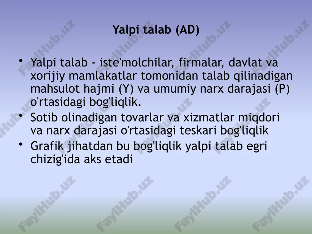 ort xaridlarining ta'siri import narxlari barqaror bo'lgan mamlakat ichidagi narxlarning ko'tarilishi mahalliy tovarlar va xizmatlarga talabning pasayishiga va import qilinadigan tovarlarga talabning oshishiga olib keladi. chet elliklar ham mahalliy tovarlarni kamroq sotib oladi eksport kamayadi, import esa oshadi. boshqacha qilib aytganda, sof eksport va shunga mos ravishda yalpi talab kamayadi yalpi talab modeli sifatida pulning miqdor nazariyasi tenglamasi pulning miqdor nazariyasiga ko'ra mv=py, qayerda m - muomaladagi pul miqdori v - pul muomalasining tezligi (muomalada bo'lgan va tayyor mahsulot va xizmatlarni sotib olish uchun foydalaniladigan pul muomalasining o'rtacha yillik soni) p - narx darajasi (yaim deflyatori) y - ishlab chiqarilgan tovarlar va xizmatlar miqdori (real yaim) (m1=p1q1 birinchi savdo uchun pul miqdori m2=p2q2 ikkinchi savdo uchun pul miqdori mn=pnqn n-chi tranzaksiya uchun pul miqdori sm=spq yoki m=py bilan barcha operatsiyalar uchun pul miqdori milliy mahsulot yoki pul aylanish tezligi mv=py) pul miqdori nazariyasi nuqtai nazaridan yalpi talab egri chizig'ining manfiy …