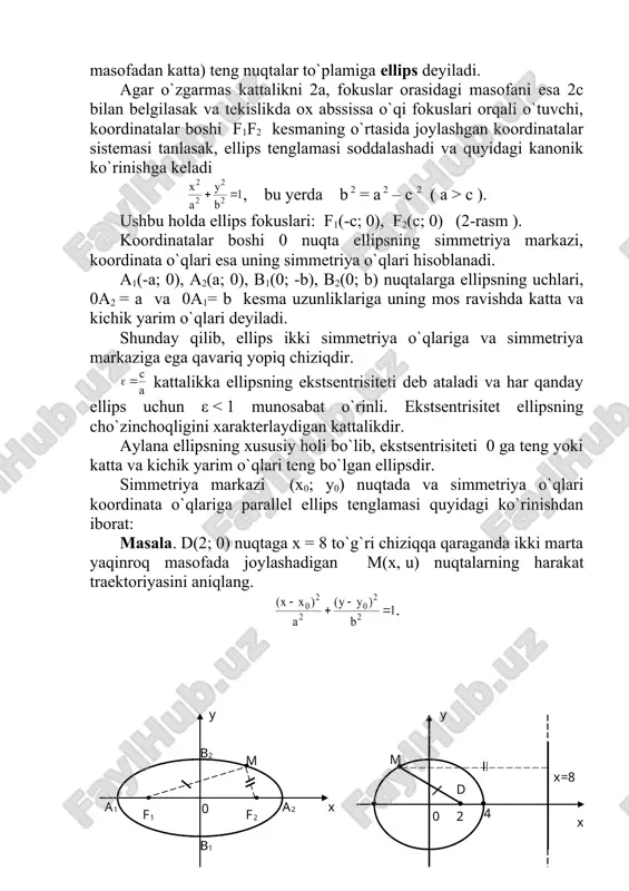 qlari koordinata o`qlariga parallel giperbola tenglama bilan aniqlanadi. yarim o`qlari teng, ya`ni a = b giperbolaga teng tomonli giperbola deyiladi. teng tomonlama giperbola tenglamasi x2 – y2 = a2 ko`rinishda bo`lib, uning asosiy to`g`ri to`rtburchagi kvadratdan iborat va ekstsentrisiteti ga teng. 4-rasm. 5-rasm. masala. asimptotalari tenglamalar bilan berilgan, fokus-lari orasidagi masofa 10 birlikka teng bo`lgan giperbola tenglamasini tu-zing. giperbola fokuslari abssissa o`qida yotadi deb qarab, uning kanonik tenglamasini tuzamiz: . fokuslar orasidagi masofa f1f2 = 2c = 10 bo`lganidan, c = 5. giperbola uchun c2 = a2 + b2 bo`lganidan va berilganidan foydalanib, quyidagi sistemani tuzamiz va uni yechamiz: sistema yechimi: va . demak, giperbola tenglamasi kanonik tenglamadan iborat (5–rasm). parabola va uning kanonik tenglamasi tekislikda fokusi deb ataluvchi berilgan f nuqtadan va direktrisasi deb ataluvchi berilgan dd( to`g`ri chiziqdan teng masofada yotuvchi nuqtalar tuplamiga parabola deyiladi. abssissa o`qi f fokus nuqtadan dd( direktrisaga perpendikulyar ravishda o`tuvchi, ordinata o`qi esa …