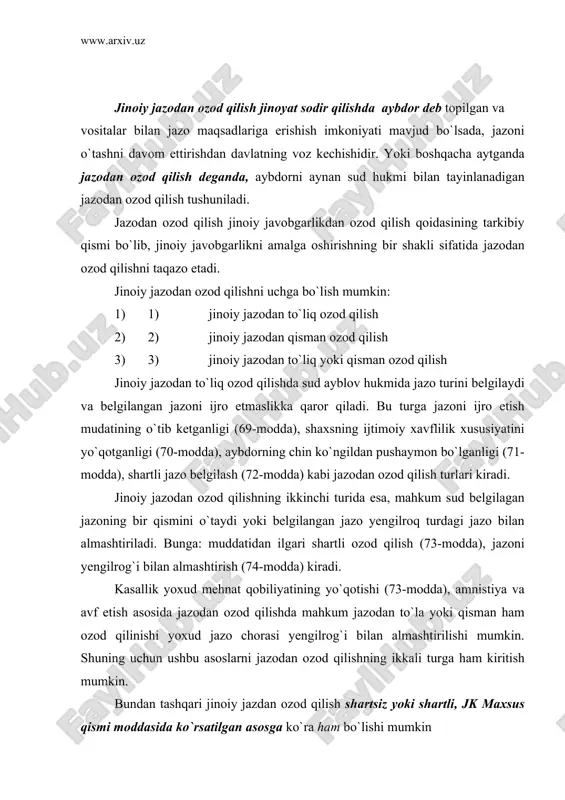 ki jinoyatlar majmui shaxs ikki yoki undan ortiq jinoyat sodir etganda va ular uchun sudlanmagan hollarda huquqiy ahamiyatga ega hisoblanadi. shu bilan birga shaxs muayyan shartlar asosida jinoiy javobgarlikdan ozod qilinganda ham sudlanmagan hisoblanadi. jinoiy jazodan ozod qilish sud hukmida tayinlangan jazodan to`liq yoki qisman ozod qilish hisoblanib, bunda sudlanganlik holati saqlanib qoladi. jinoyat kodeksining 65, 66, 68, 69, 70, 71, 76-moddalariga binoan ilgari sodir etgan jinoyati uchun javobgarlikdan va jazodan ozod qilingan shaxs takroran jinoyat sodir etish yoki ilgari ham qasddan jinoyat sodir eganlik uchun sudlangandan so`ng yangi jinoyat sodir etsa bu holat jazoni og`irlashtiruvchi holat hisoblanmaydi. bundan ko`rinib turibdiki, jinoiy jazodan ozod qilish sudlanganlik oqibatini bekor qilmaydi. [144] jinoiy jazodan ozod qilishni muayyan shartlar mavjud bo`lgandagina qo`llash mumkin. uni qo`llash asoslaridan biri jinoiy jazoni qo`llashning maqsadga muvofiq emasligidir. ayni bitta asos ishni qaysi bosqichida qo`llanilayotganligiga qarab, jinoiy javobgarlikdan ozod qilishga ham jazodan ozod qilishga ham xizmat qilishi mumkin. …