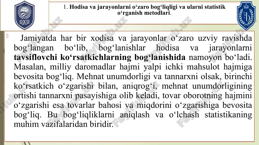 ar. buning asosiy sababi, ish haqi hajmi faqat ish razryadiga emas, balki boshqa omillarga ham (masalan, shaxsiy qobiliyat, ish sharoiti, sog‘liq darajasi, ma’lumot, korxonaning moliyaviy holati va h.k.) bog‘liqligidir. agarda bir belgining ortib borishi bilan, ikkinchi unga tobe bo‘lgan belgi pasayib borsa, bunday bog‘lanish teskari bog‘lanish deyiladi. masalan, kompyuter operatori har 10 minutda bir varaq matnni tera oladi, ya’ni uning unumdorligi bir soatda 6 varaq. agarda operator bir varaq matnni terish uchun 9 minut sarflasa uni unumdorligi oshadi. demak, mehnat unumdorligi va bir birlikka (mahsulot ishlab chiqarish ham bo‘lishi mumkin) sarflangan vaqt o‘rtasida teskari bog‘lanish mavjud. statistikada bog‘lanishlar yo‘nalishi bo‘yicha: to‘g‘ri va teskari bog‘lanishga bo‘linadi. to‘g‘ri bog‘lanishga quruvchining ish razryadi va ish haqi o‘rtasidagi bog‘lanish misol bo‘lishi mumkin. ma’lumki, boshqa shartlar o‘zgarmasdan qolsa, ish razryadining oshishi ish haqini oshishiga olib keladi. analitik ifodalarning ko‘rinishiga qarab bog‘lanishlar ikki turga, ya’ni: to‘g‘ri va egri chiziqli bog‘lanishlarga bo‘linadi. to‘g‘ri chiziqli bog‘lanishda omil belgining …