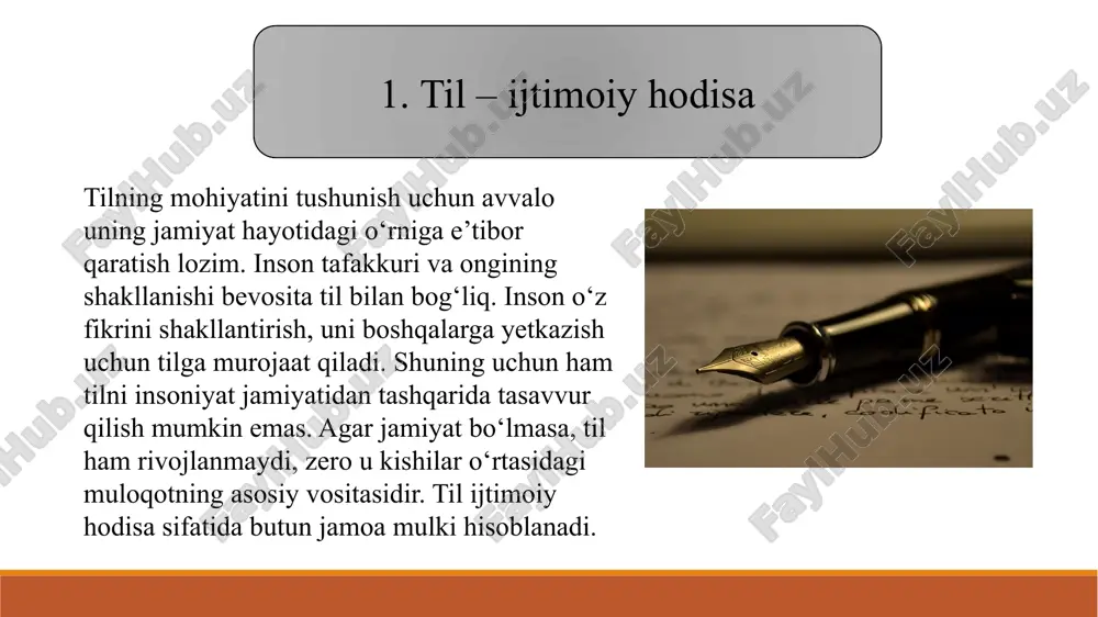 ”, “ta’lim platformasi” kabi yangi semantik doiralarga ega. yoki “tarmoq” so‘zi ilgari faqat transport yoki elektr tarmoqlari uchun qo‘llangan bo‘lsa, endi “ijtimoiy tarmoq”, “kompyuter tarmog‘i” kabi tushunchalarni ifodalaydi. bu jarayon faqat yangi so‘zlarni yaratish bilangina emas, balki tilning mavjud lug‘aviy boyligini qayta semantizatsiya qilish bilan ham kechadi. natijada o‘zbek tilining semantik boyligi tobora kengaymoqda, u zamonaviy jamiyatning barcha ehtiyojlariga moslashib bormoqda. tilning ijtimoiy funksiyalari kengaygani sari, u xalqning madaniyati, tafakkuri va ma’naviy olamini ham boyitadi. e’tiboringgiz uchun raxmat image2.jpeg image3.png image4.png /docprops/thumbnail.jpeg
