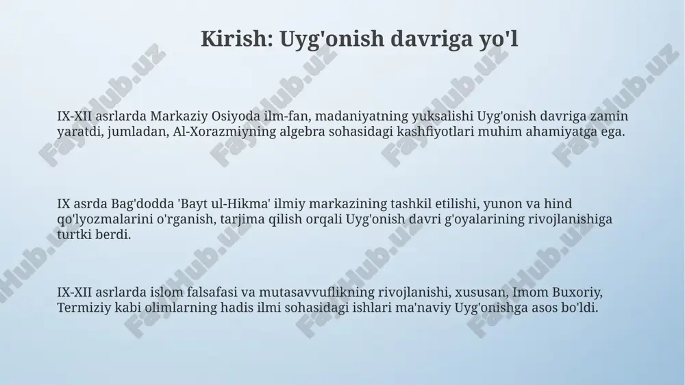 h orqali ma’rifatparvarlik harakatiga turtki bo’ldi. uyg'onish davri madaniyatining xalq hayotiga ta'siri me'morchilikda xalqona uslublar uyg'onish davri binolarida (masalan, madrasalarda) o'z aksini topdi, bu esa 15-asr oxirigacha davom etdi. uyg'onish davrida xalq og'zaki ijodi, masalan, dostonlar, ertaklar, maqollar keng tarqaldi, bu esa 14-15 asrlarda milliy o'zlikni mustahkamladi. naqqoshlik va amaliy san'atda xalq hunarmandchiligi elementlari qo'shildi, bu esa 14-asrda milliy uslubning o'ziga xosligini shakllantirdi. temuriylar davri madaniyatining uyg'onishga qo'shgan hissasi temuriylar davrida ulug'bekning astronomiya sohasidagi 1420-yildagi samarqand rasadxonasi kabi yirik ilmiy markazlar madaniy yuksalishga turtki bo'ldi. naqshbandiya tariqatining rivoji, ayniqsa alisher navoiy ijodi orqali, axloqiy va ma'naviy qadriyatlarni targ'ib qilib, uyg'onish davri adabiyotini boyitdi. temuriylar me'morchiligi, masalan, 14-15-asrlarda qurilgan bibixonim masjidi, san'at va hunarmandchilikning yuqori darajasini namoyon etadi. markaziy osiyo uyg'onish davrining yevropa uyg'onishidan farqlari markaziy osiyo uyg'onishi islomiy ilmlar, matematika, tibbiyotga urg'u bergan, yevropa uyg'onishi esa klassik antik davr adabiyotiga asoslangan edi. markaziy osiyo uyg'onish davrida diniy e'tiqodlar kuchli edi, …