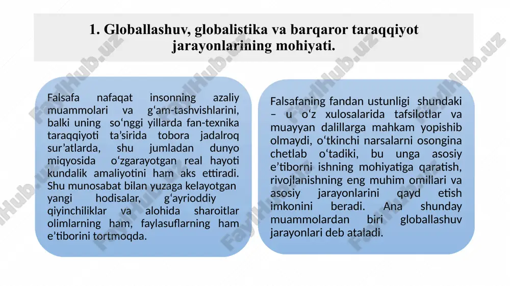ning uyg‘unlashuvini asoslashga intilmoqda. globallashuv yo`nalishlari siyosiy iqtisodiy moliyaviy sport mafkuraviy ilm-fan ijtimoiy globalistika jahon rivojlanishining eng yangi tendensiyalarini anglab yetish borasidagi ko‘p sonli sa’y-harakatlar globallashuv jarayonlarining mohiyati, tendensiyalari va sabablarini, ular ta’sirida yuzaga kelayotgan global muammolarni aniqlash va bu jarayonlarning oqibatlarini anglab yetishga qaratilgan fanlararo ilmiy tadqiqotlar sohasi – globalistika paydo bo‘lishiga olib keldi. kengroq ma’noda «globalistika» atamasi globallashuvning turli jihatlari va global muammolarga oid ilmiy, falsafiy, madaniy va amaliy tadqiqotlarni, jumladan ularning olingan natijalarini, shuningdek ularni ayrim davlatlar darajasida ham, xalqaro miqyosida ham iqtisodiy, ijtimoiy va siyosiy jabhalarda amalga joriy etish borasidagi amaliy faoliyatni ifodalash uchun qo‘llaniladi globallashuv jarayoning ijobiy jihatlari. xalqaro integratsiya o’zaro yordam imkoniyatlarining ortishi kapiтal va tovar almashinuvi, ishchi kuchining erkin harakatlanishi ilm-fan yutuqlarining tez tarqalishi ekologik va tabiiy ofatlarni hamkorlikda bartaraf etish sivilizatsiyalararo muloqot hamkorlik aloqalari va xorijiy investitsiyalar qadriyatlarning uyg’unlashuvi globallashuv jarayoning salbiy jihatlari ijtimoiy tengsizlikning kuchayishi ijtimoiy qarama-qarshiliklar xavfi axborot maydoning xavfliligi …