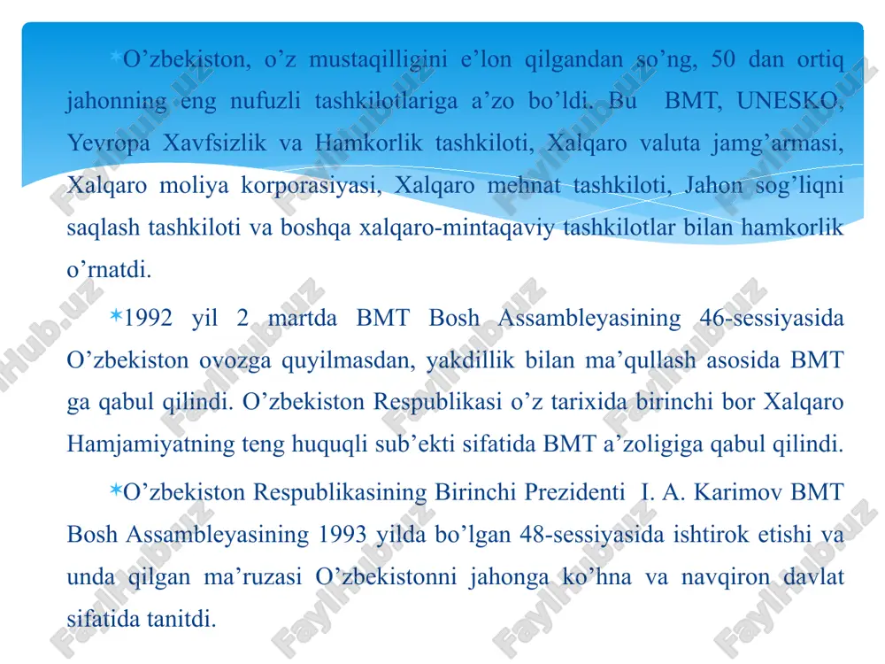 -huquqiy asoslarga doir 200 ta hujjat qabul qilingan. 2012-yilda iqtisodiyotning turli sohalarida istiqbolda amalga oshiriladigan 5 mlrd. dollar hajmga ega loyihalarga doir ikki tomonlama bitim imzolandi. 2013-yilda 2,12 mlrd. dollar hajmda o'zaro savdo amalga oshirildi. hozirgi davrda o'zbekistonda 420 ta janubiy koreya investitsiyalari ishtirokidagi korxonalar faoliyat yuritib, ulardan 80 tasi 100 foiz janubiy koreya kapitali ishtirokida ishlaydi308. image1.jpeg image2.jpeg image3.jpeg image4.jpeg image5.png image6.jpeg image7.jpeg image8.png