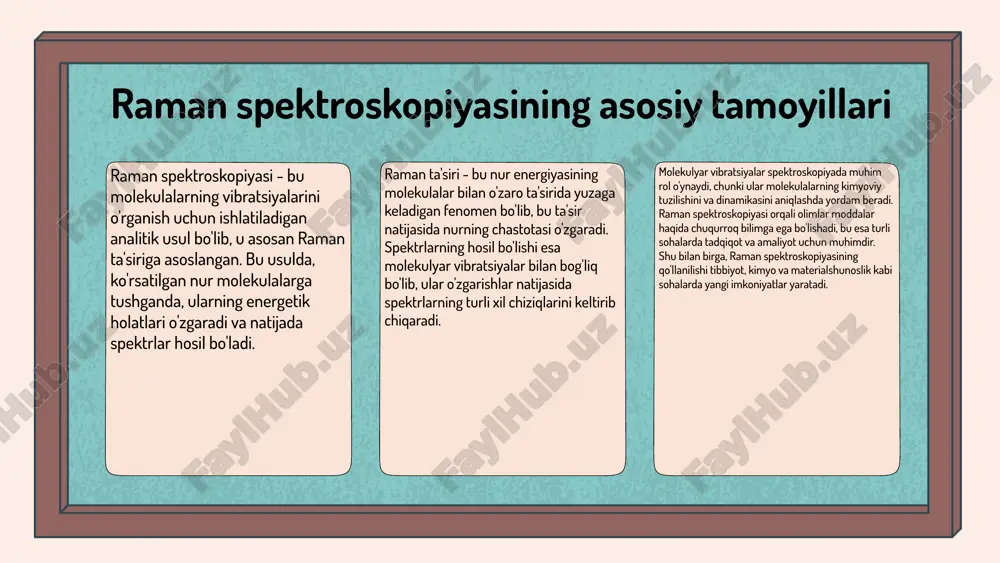 a qilish bo'yicha tadqiqotlar. raman spektroskopiyasi ilmiy tadqiqotlarga katta hissa qo'shadi, chunki bu usul yordamida yangi materiallar ishlab chiqish, o'simliklar va dori vositalarining kimyoviy tarkibini chuqur o'rganish mumkin. shu bilan birga, atrof-muhitni muhofaza qilish va bioanalitika sohalarida ham muhim rol o'ynaydi. raman spektroskopiyasining qo'llanilishi qo'llanilish sohalari: kimyo, biologiya, materialshunoslik. kimyo: raman spektroskopiyasi yordamida moddalar tahlili qilish mumkin. bu usul, molekulyar tuzilmani aniqlash va kimyoviy bog'lanishlarni o'rganishda muhim ahamiyatga ega. biologiya: ushbu spektroskopiya hujayra tekshiruvi jarayonida qo'llaniladi. bu orqali hujayralarning ichki tuzilishi va ularning kimyoviy tarkibi haqida ma'lumot olish mumkin. materialshunoslik: yangi materiallar sinovi uchun raman spektroskopiyasi keng qo'llaniladi. u materiallarning fizik va kimyoviy xossalarini aniqlashda samarali vosita hisoblanadi. raqamli ma'lumotlar: - 90% aniqlik. - 75% natijalar tezligi. - 85% o'qish qobiliyati. - 80% qo'llaniladigan materiallar tahlil etish imkoniyati. xulosa: raman spektroskopiyasi ilm-fanda va sanoatda keng qo'llanilishi, uning aniq va tez natijalar berish qobiliyati bilan bog'liq. bu usul, turli sohalarda yangi …