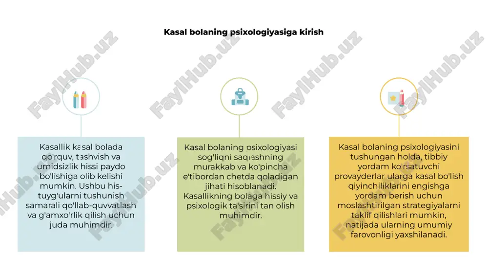 hayot sifatini yaxshilashda yordam bera olamiz. ularning jismoniy salomatligi kabi ruhiy farovonligini ham birinchi o'ringa qo'yish muhimdir. kasal bolalarda chidamlilik va ijobiy ruhiy farovonlikni oshirish 1 2 3 bemor bolaning psixologiyasi alohida e'tibor talab qiladigan murakkab masala. kasal bolalarga o'z kasalliklarini engishga yordam berish uchun ularning chidamliligi va ijobiy ruhiy farovonligini targ'ib qilish muhimdir. bemor bolalarda ko'pincha tashvish, qo'rquv va yolg'izlik hissi paydo bo'ladi. ularni engish mexanizmlari va ijobiy ruhiy salomatlikni rivojlantirishga yordam berish uchun zarur yordam va resurslar bilan ta'minlash juda muhimdir. kasal bolalarda chidamlilik va ijobiy ruhiy farovonlikni rag'batlantirish orqali biz ularga kasalliklarni kuch va ishonch bilan boshqarishga yordam bera olamiz, natijada ularning umumiy farovonligi va hayot sifati yaxshilanadi. kasal bolalarning opa-singillarini qo'llab-quvvatlash: psixologik mulohazalar 1 2 3 2 agar bola kasal bo'lsa, u birodarlarining psixologik holatiga katta ta'sir ko'rsatishi mumkin. bu birodarlar o'zlarining oilaviy dinamikasidagi o'zgarishlarni boshqarayotganda stress, tashvish va chalkashlik hissini boshdan kechirishlari mumkin. 1 bemor …