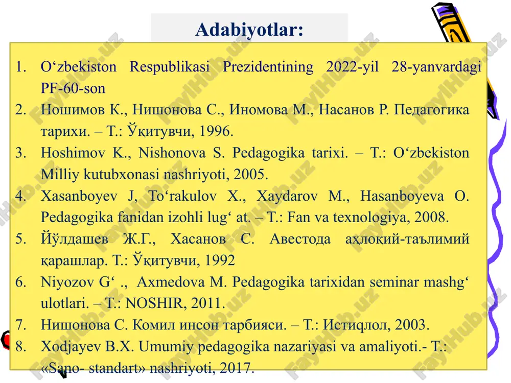 azmiy, so‘g‘d hamda parfiyanlar yashagan davrlar ruhini ifoda etadi, xolos. 1 тузувчи ишмуҳамедов р.ж. 9 arxeologik qazilmalar natijasida topilgan ko’rgazmali ashyolar. xalq og’zaki ijodi materiallari hamda yozma manbalar. buyuk adiblar, allomalarning ijodiy merosi. eng qadimgi madaniy boyliklarimizni o‘rganishda quyidagi uch guruhga ajratilgan manbalarga tayanamiz: 9 9 ma’lumki, ibtidoiy kishilar mehnat faoliyati jarayonida o‘z ehtiyojlarini qondirgan va bu jarayon yosh avlodda ham mehnat qilish, amaliy faoliyatni yo‘lga qo’ya olish borasidagi nazariy bilim, ko’nikma va malakalarni hosil qilishga zamin hozirlagan. mehnat faoliyatini tashkil etish jarayoni dastlabki paytlarda butun ijtimoiy hayotni yo’lga qo’yish negizida amalga oshirilgan bo’lsa, keyinchalik tarbiya inson faoliyati asosiy jihati, ijtimoiy ongni shakllantirishning muhim omiliga aylandi. 1 тузувчи ишмуҳамедов р.ж. 11 -bolalar va o’smirlar; -ijtimoiy hayot va mehnatda to’la ishtirok etuvchilar; -keksalar. dastlabki urug‘chilik jamiyatidan oldin ham inson yashash uchun kurashgan, mazkur davrda urug‘ning barcha a’zolari jamoa bo’lib harakat qilganlar. keyinroq kishilar mehnat faoliyatini jamoa a’zolarining yosh jihatlariga ko’ra quyidagi …