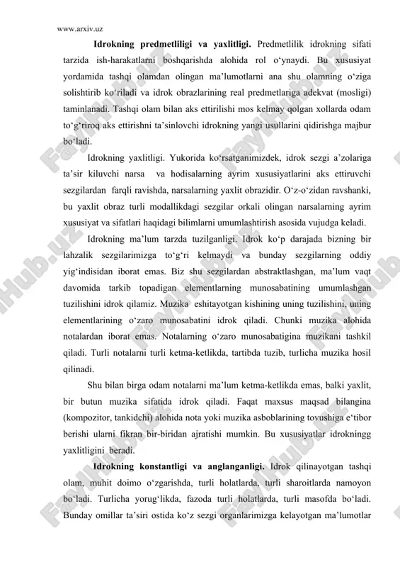 n muzika sifatida idrok qiladi. faqat maxsus maqsad bilangina (kompozitor, tankidchi) alohida nota yoki muzika asboblarining tovushiga e‘tibor berishi ularni fikran bir-biridan ajratishi mumkin. bu xususiyatlar idrokningg yaxlitligini beradi. idrokning konstantligi va anglanganligi. idrok qilinayotgan tashqi olam, muhit doimo o‘zgarishda, turli holatlarda, turli sharoitlarda namoyon bo‘ladi. turlicha yorug‘likda, fazoda turli holatlarda, turli masofda bo‘ladi. bunday omillar ta’siri ostida ko‘z sezgi organlarimizga kelayotgan ma’lumotlar turlicha bo‘ladi, ularni idrok qilish ham turlicha bo‘lishi kerak. ammo bizning pertseptiv (idrok qilish) tizimimiz bo‘layotgan o‘zgarishlarni to‘g‘rilash, tiklash qobiliyatiga ega. shu tufayli biz atrofimizdagi narsalarning shaklini, rangini katta-kichikliligini nisbatan o‘zgarmas (konstant) holda idrok qilamiz. idrokning bu xususiyati ko‘rish idroki misolida tushuntiriladi. narsaning uzoq-yaqinligiga qarab uning ko‘z to‘r pardasidagi tasviri ham katta yoki kichik bo‘ladi. biz uzoqdagi narsani kichik, yakindagisini katta deb idrok kilamiz. agar bir qo‘limizni uzoqqa cho‘zib, ikkinchisini ko‘zga yaqin ushlab tursak ham biz ikkala qo‘limizni, barmoqlarimizni kattargan yoki kichraygan holda emas, balki uzoq yoki …